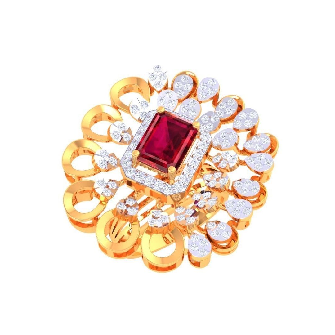 The Chloe Diamond Ladies Ring by Niraa is a luxury accessory featuring a rectangular red gemstone at its center, surrounded by dazzling clear stones. Its swirling gold patterns and floral motifs blend elegance with the allure of diamonds.