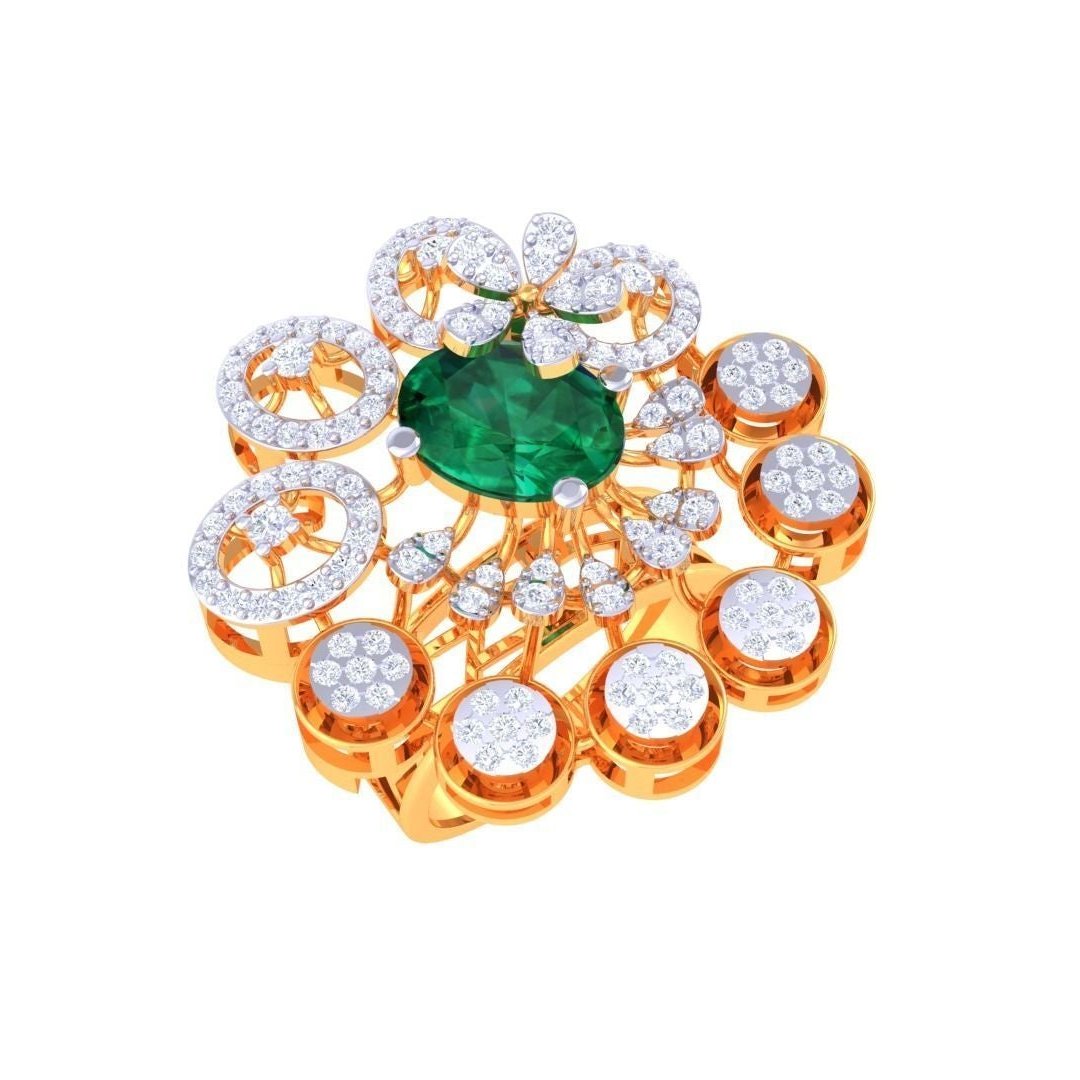 Introducing Niraas Ophelia Diamond Ladies Ring: a luxurious masterpiece with a central large green gemstone, surrounded by intricate gold loops and diamond-studded details, forming an elegant and opulent floral pattern.
