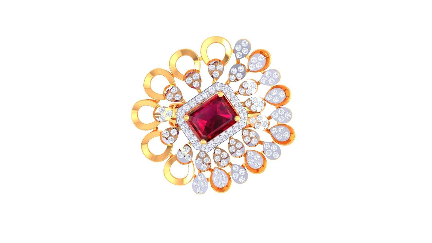 The Chloe Diamond Ladies Ring by Niraa is a luxury accessory featuring a rectangular red gemstone at its center, surrounded by dazzling clear stones. Its swirling gold patterns and floral motifs blend elegance with the allure of diamonds.