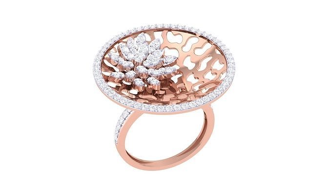 The Elizabeth Diamond Ladies Ring by Niraa is a luxury accessory featuring an intricate circular design with a central floral motif crafted from sparkling stones and surrounded by an openwork pattern with additional stones, epitomizing elegance for any ladys collection.