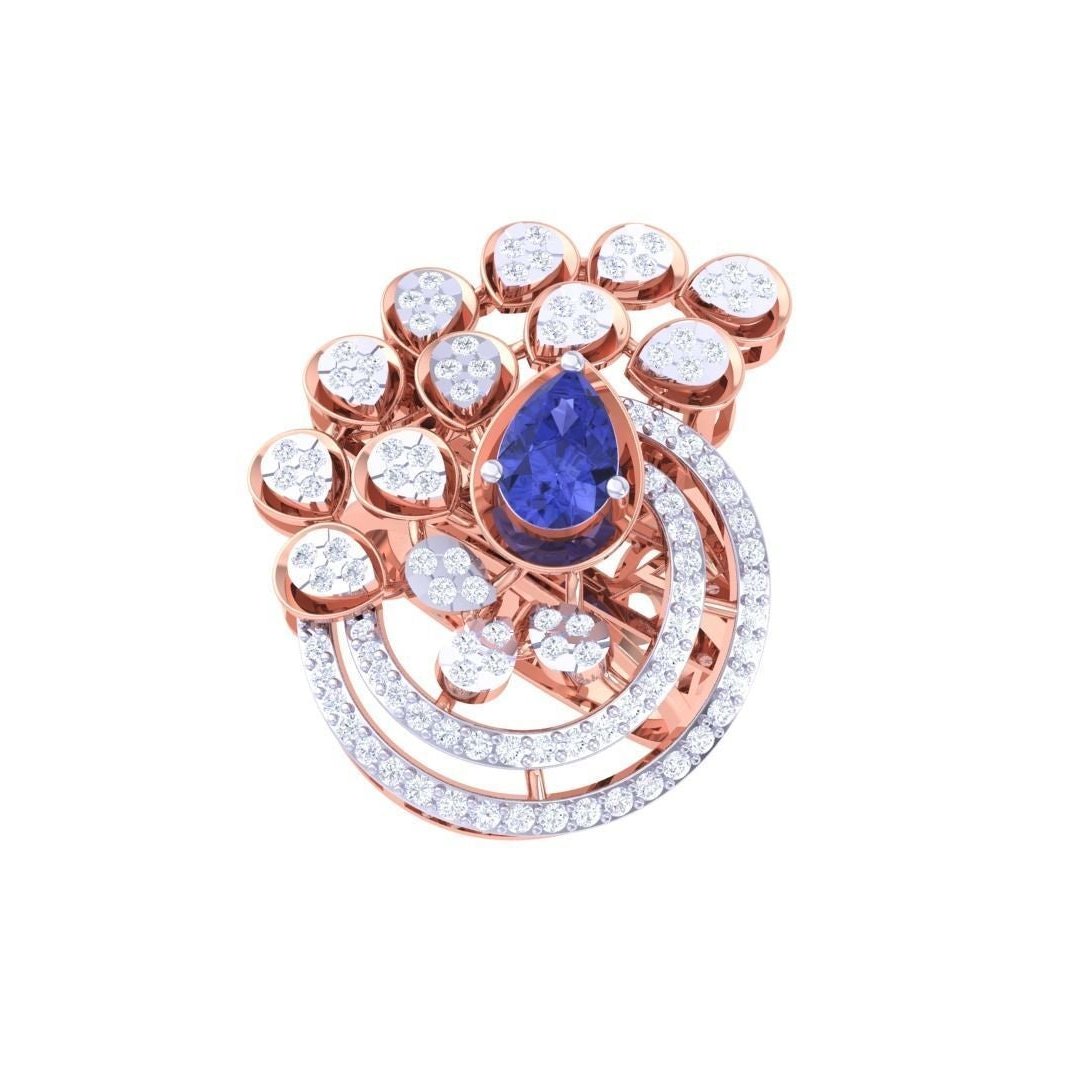 Introducing the Niraa Stella Diamond Ladies Ring: a luxurious gold piece featuring an ornate peacock tail design, centered with a stunning blue sapphire and adorned with diamond-studded tear-shaped elements and circular accents. Includes a diamond certificate for authenticity.