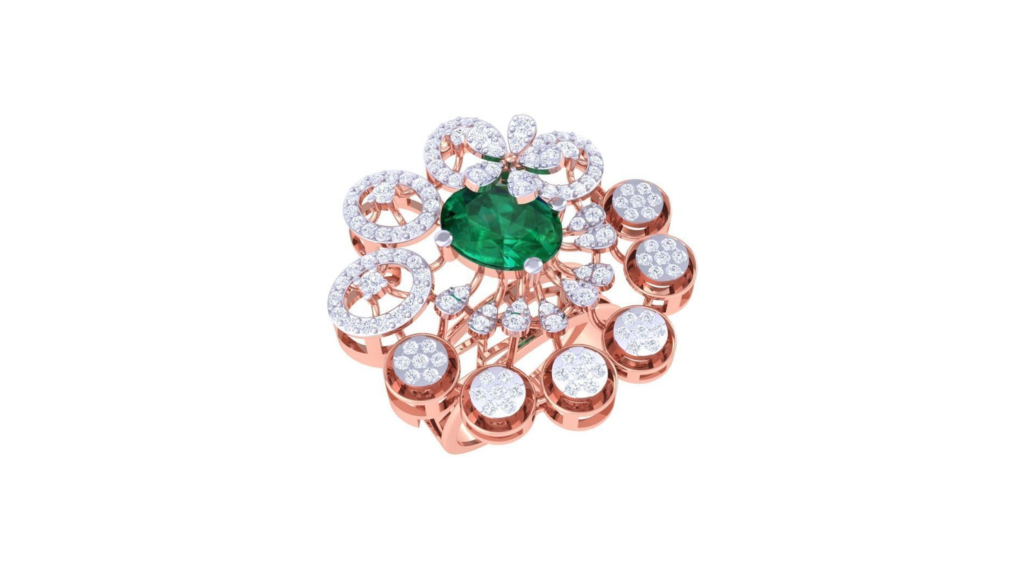 Introducing Niraas Ophelia Diamond Ladies Ring: a luxurious masterpiece with a central large green gemstone, surrounded by intricate gold loops and diamond-studded details, forming an elegant and opulent floral pattern.