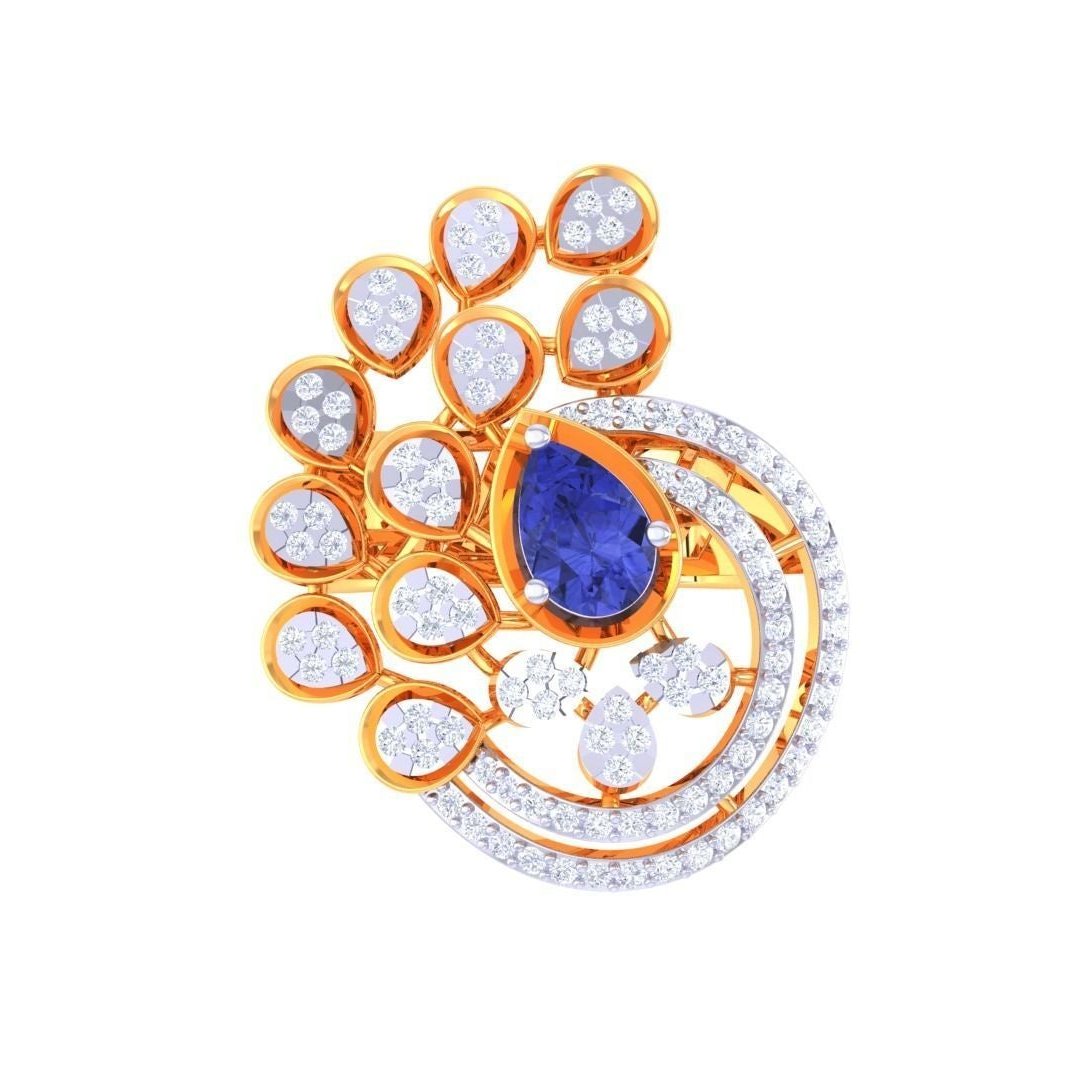 Introducing the Niraa Stella Diamond Ladies Ring: a luxurious gold piece featuring an ornate peacock tail design, centered with a stunning blue sapphire and adorned with diamond-studded tear-shaped elements and circular accents. Includes a diamond certificate for authenticity.