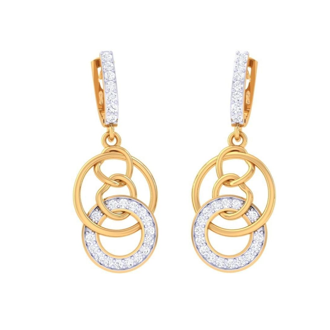 The Vivian Diamond Earrings by Niraa feature interlocking hoops—two in gold and one diamond-encrusted—hanging from a diamond-studded clasp, crafted to enhance any ensemble with elegance.