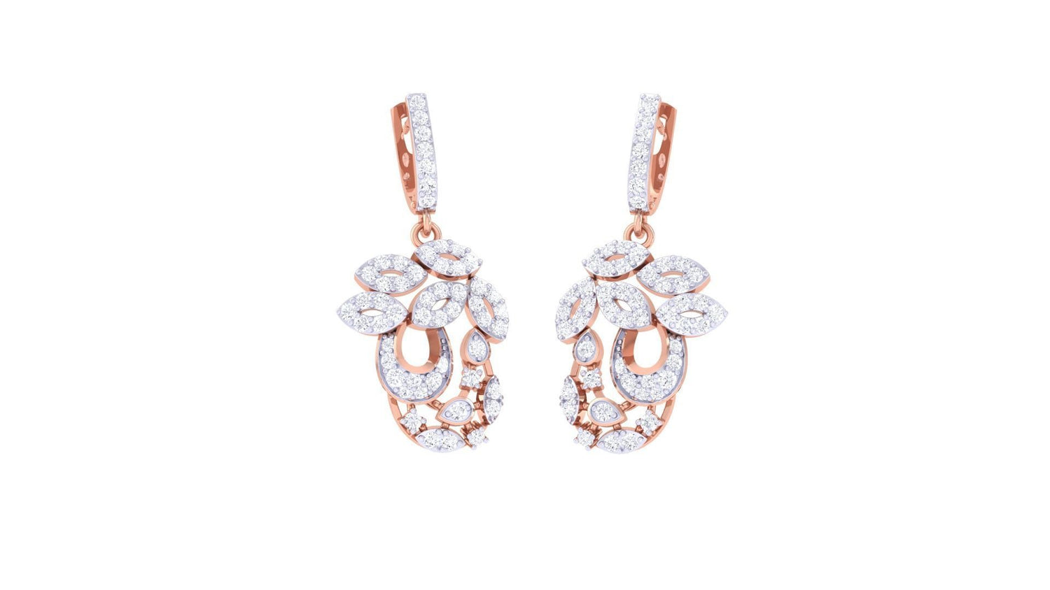 The Ivy Diamond Earring by Niraa features luxurious gold earrings with diamond-studded leaf shapes. These elegant pieces have overlapping leaves that form a sophisticated pattern, delicately hanging from a diamond-studded hoop.