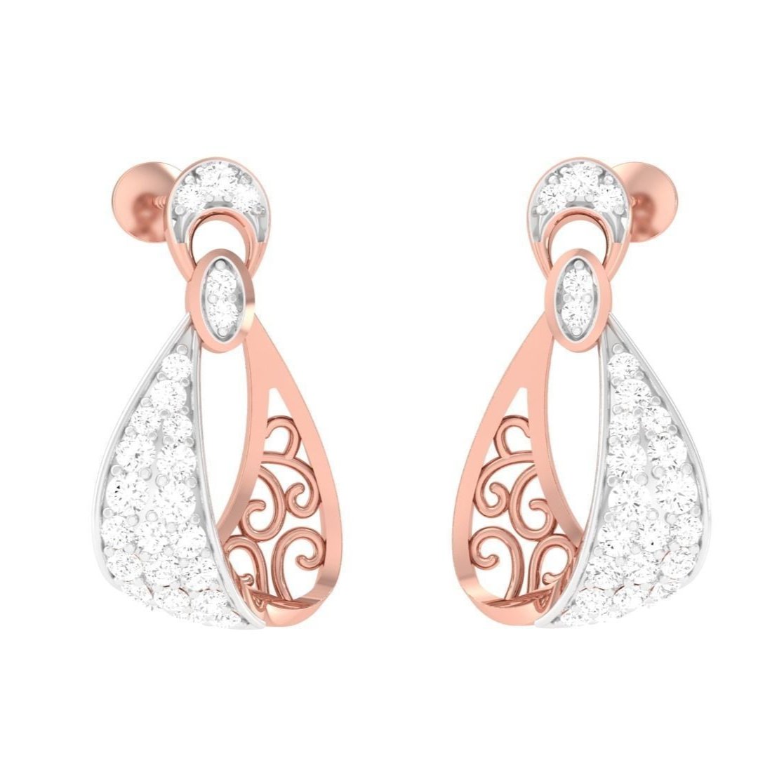 Niraas Ana Diamond Earrings, gold and silver teardrop-shaped and set with white gemstones, feature intricate swirling patterns. These luxurious accessories blend metallic brilliance with sparkling elegance—ideal for those seeking refined sophistication.