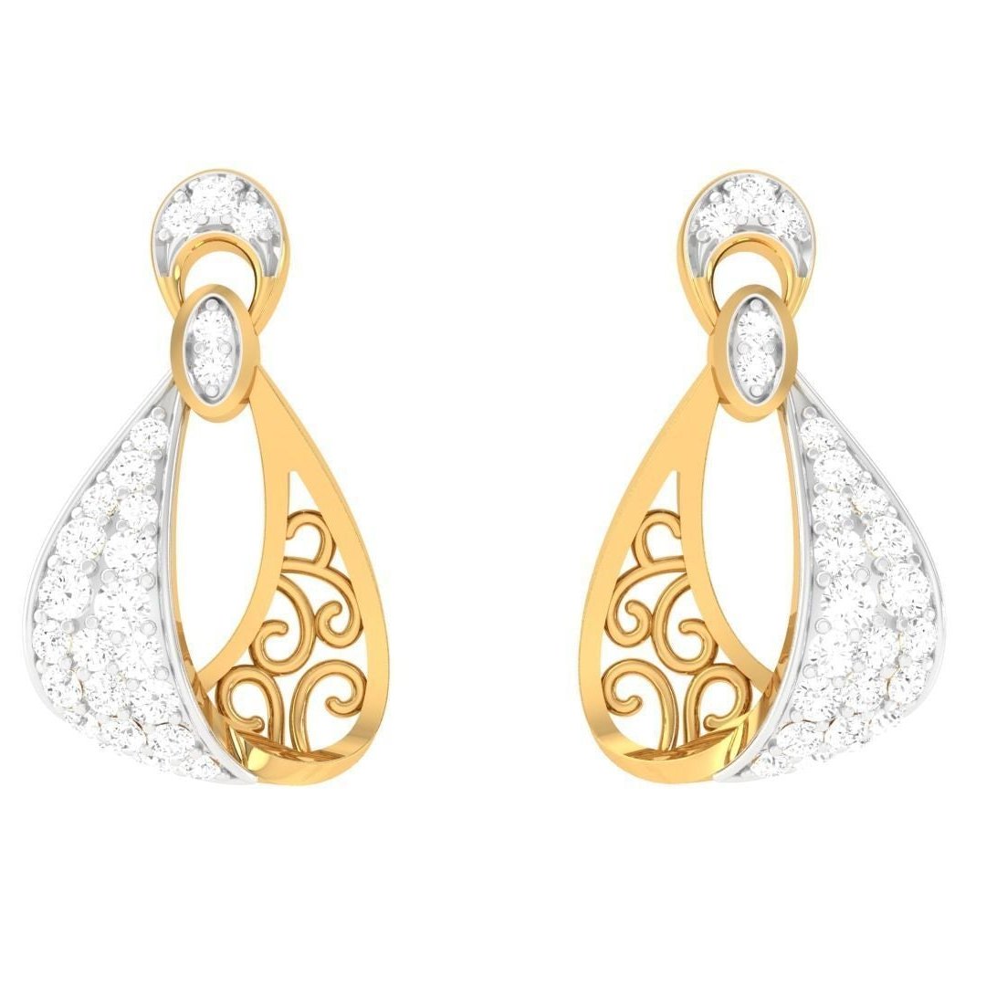 Niraas Ana Diamond Earrings, gold and silver teardrop-shaped and set with white gemstones, feature intricate swirling patterns. These luxurious accessories blend metallic brilliance with sparkling elegance—ideal for those seeking refined sophistication.