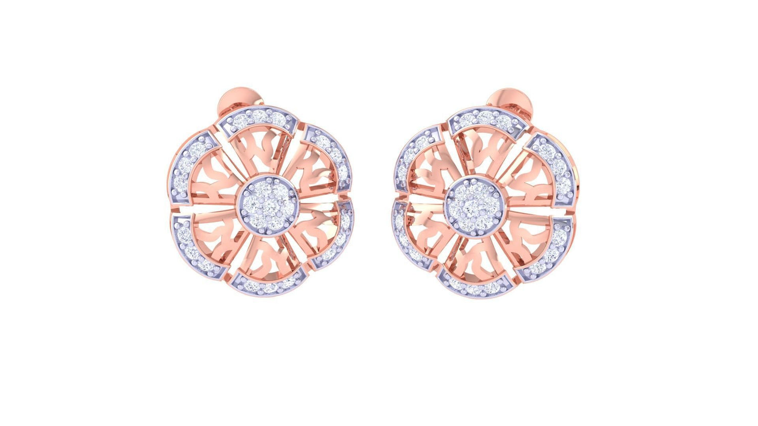 Niraas Alexa Diamond Earrings feature a detailed floral design with a round shape. The earrings boast a gold base embellished with circular patterns and dazzling white stones, combining the elegance of gold and diamonds throughout.