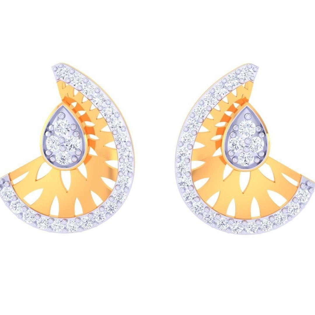 The Grace Diamond Earring by Niraa features ornate crescent shapes with intricate designs, a gold interior with sunburst patterns, and an edge encrusted with shimmering diamonds, framing a central teardrop cluster of smaller gems.