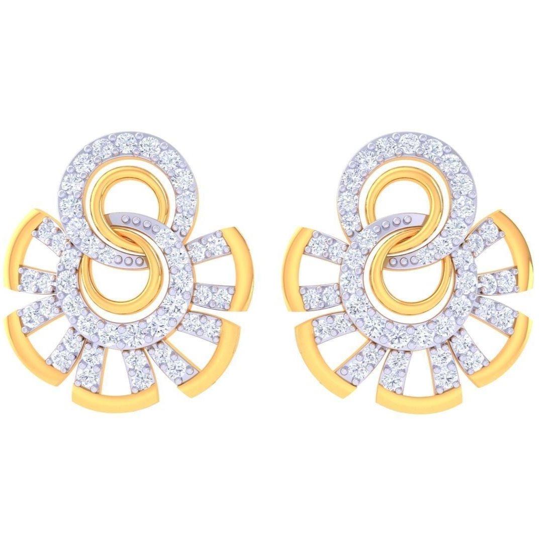 Niraas Gianna Diamond Earrings feature intricate, circular interlocking loops with fan extensions adorned with sparkling stones. Perfect for making a statement, these earrings effortlessly capture attention and elevate any look with dazzling elegance.
