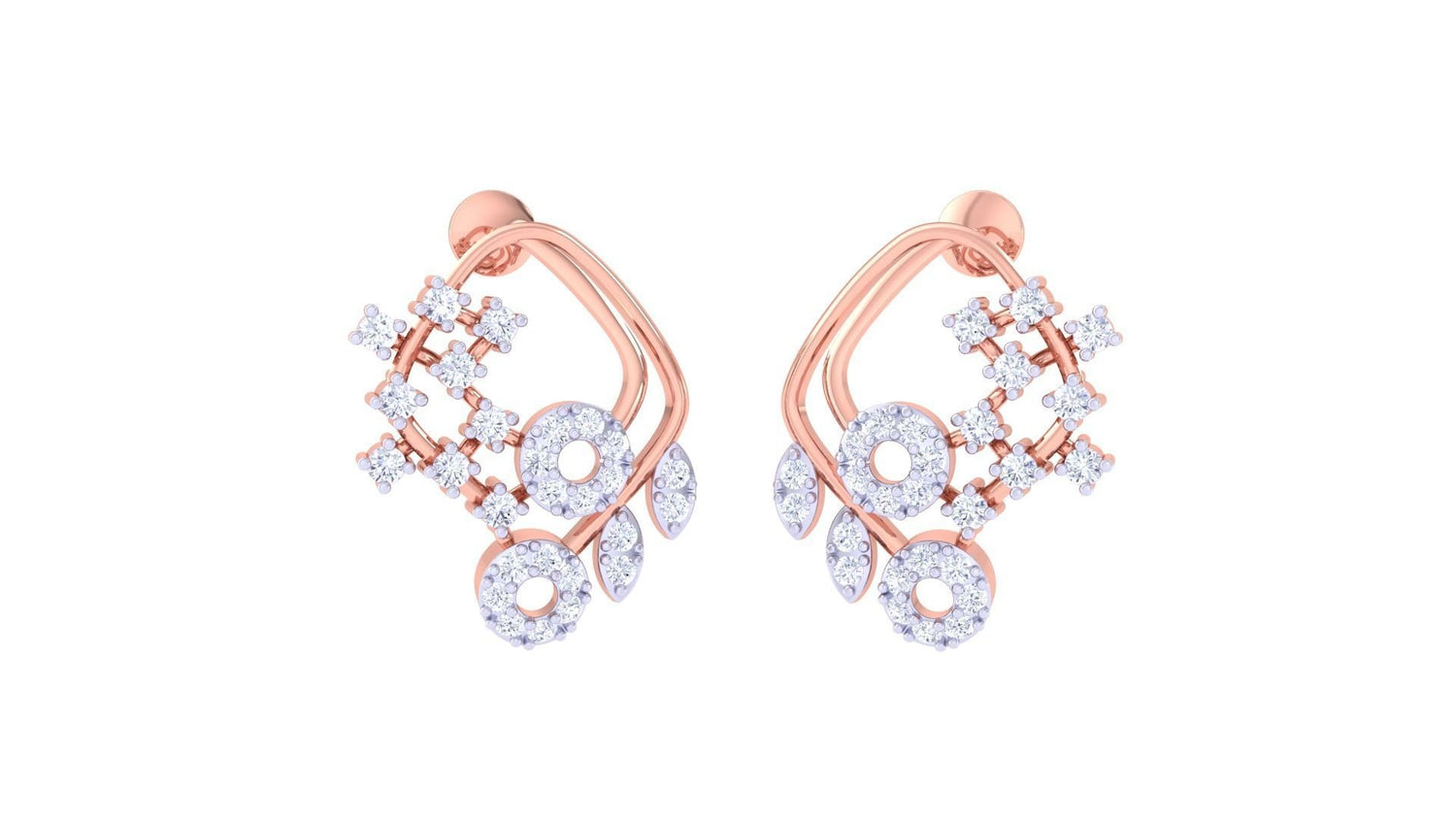 The Isla Diamond Earrings by Niraa feature intricate gold loops with circular and floral diamond accents, forming interlocking shapes for an elegant, symmetrical design. These stunning accessories embody sophistication and timeless beauty.
