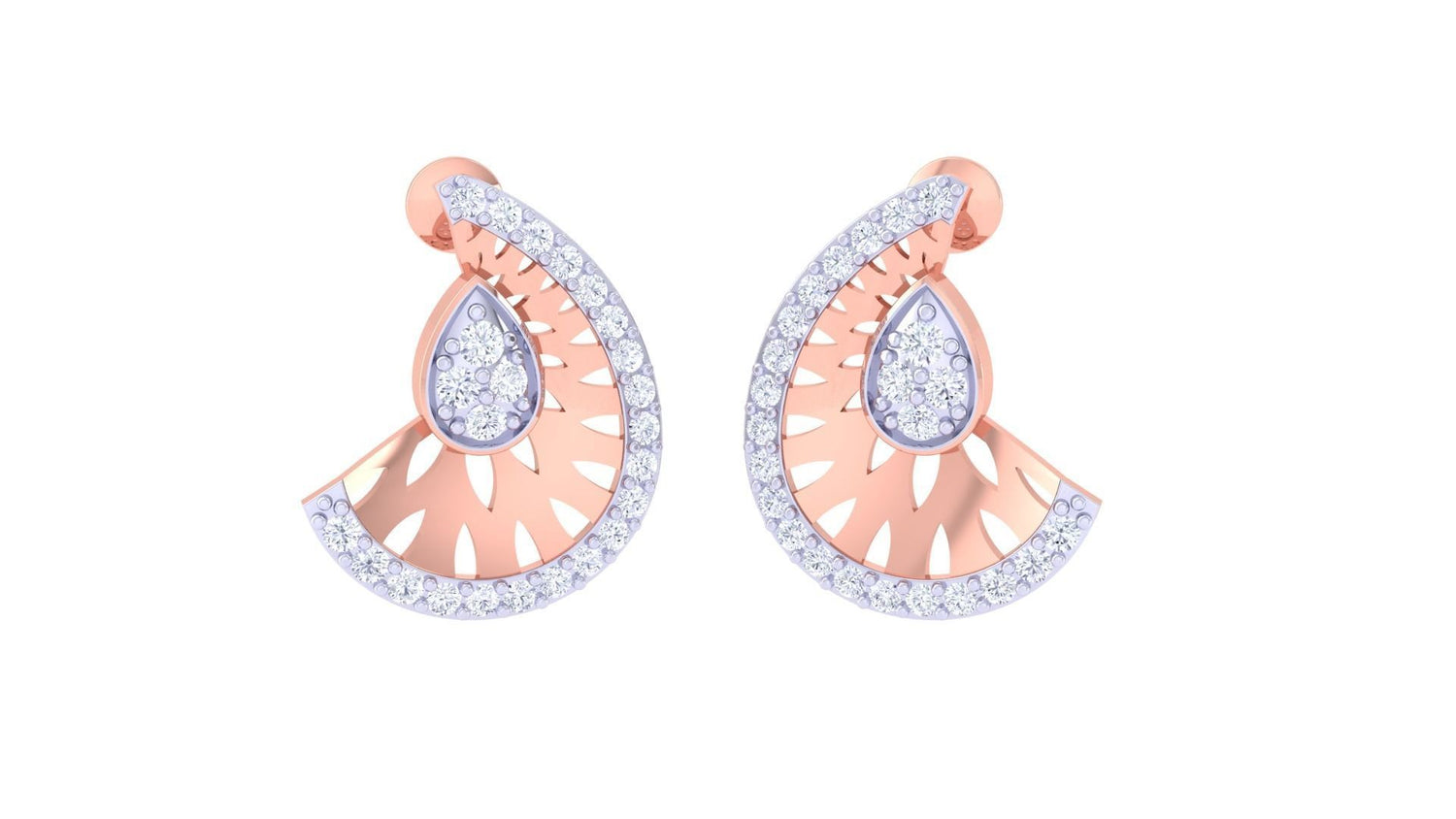 The Grace Diamond Earring by Niraa features ornate crescent shapes with intricate designs, a gold interior with sunburst patterns, and an edge encrusted with shimmering diamonds, framing a central teardrop cluster of smaller gems.