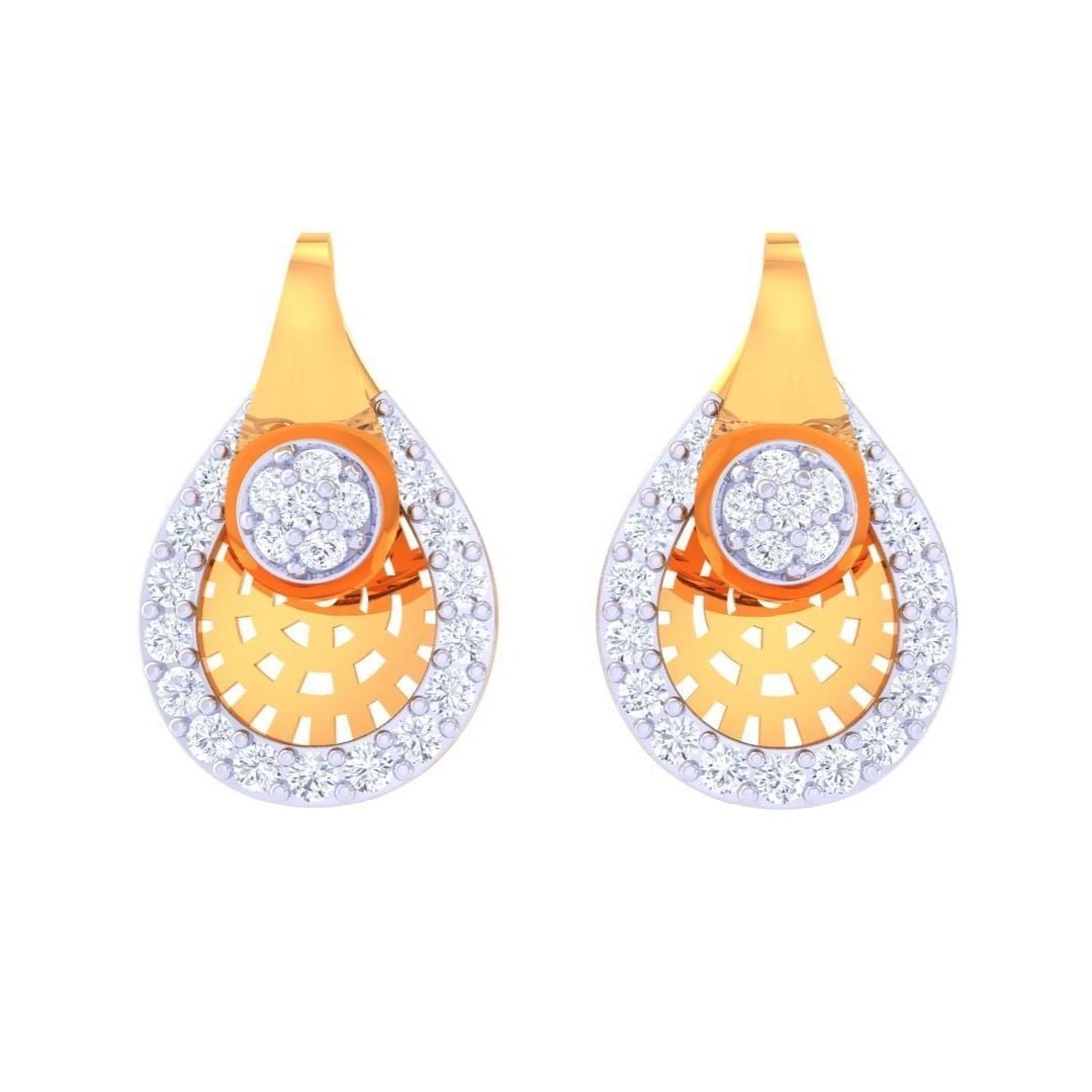Introducing the Arianna Diamond Earring by Niraa: Luxurious gold teardrop earrings featuring intricate cut-out designs adorned with small white gemstones and a central circular cluster, exuding timeless sophistication and style.