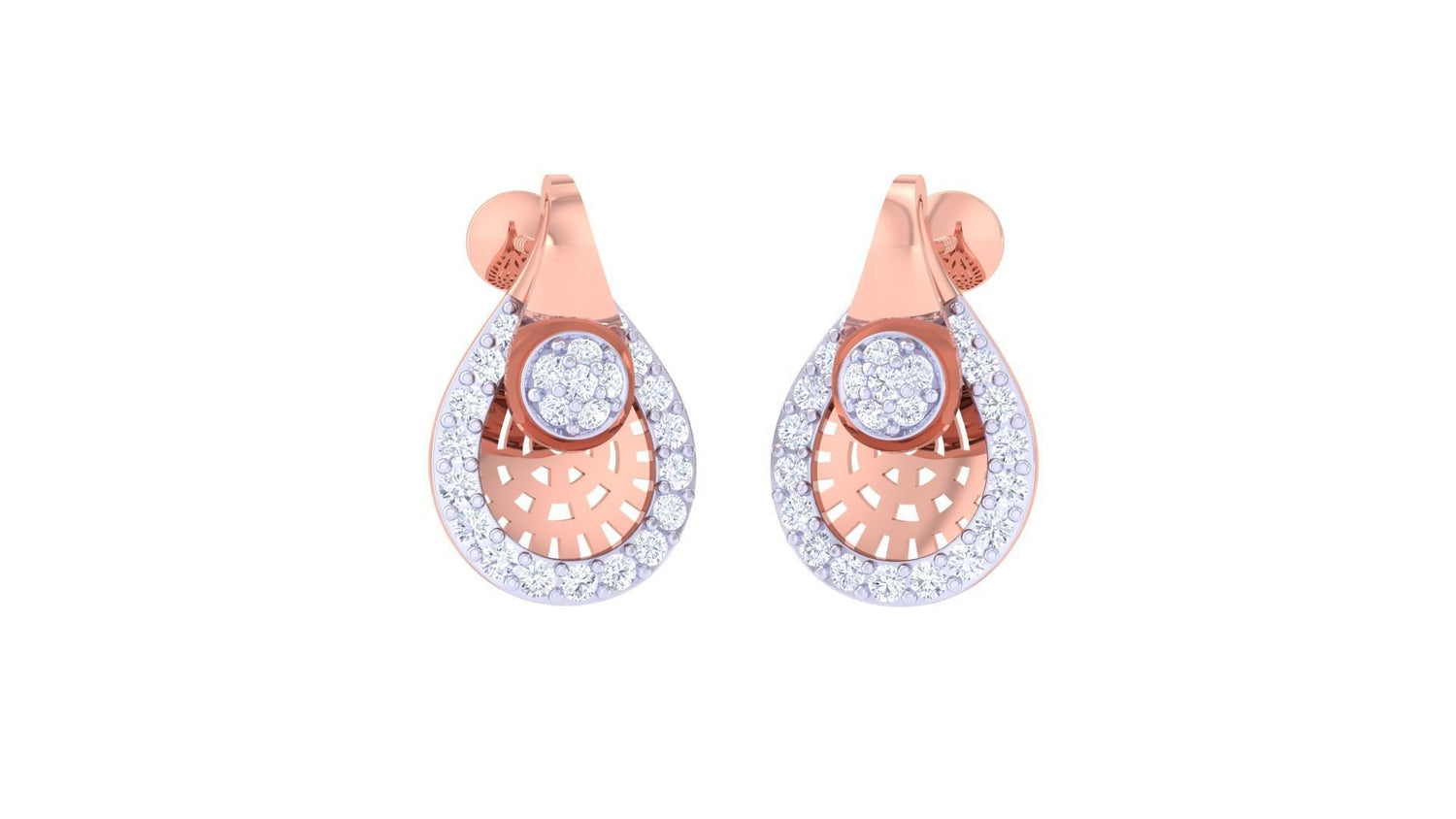 Introducing the Arianna Diamond Earring by Niraa: Luxurious gold teardrop earrings featuring intricate cut-out designs adorned with small white gemstones and a central circular cluster, exuding timeless sophistication and style.
