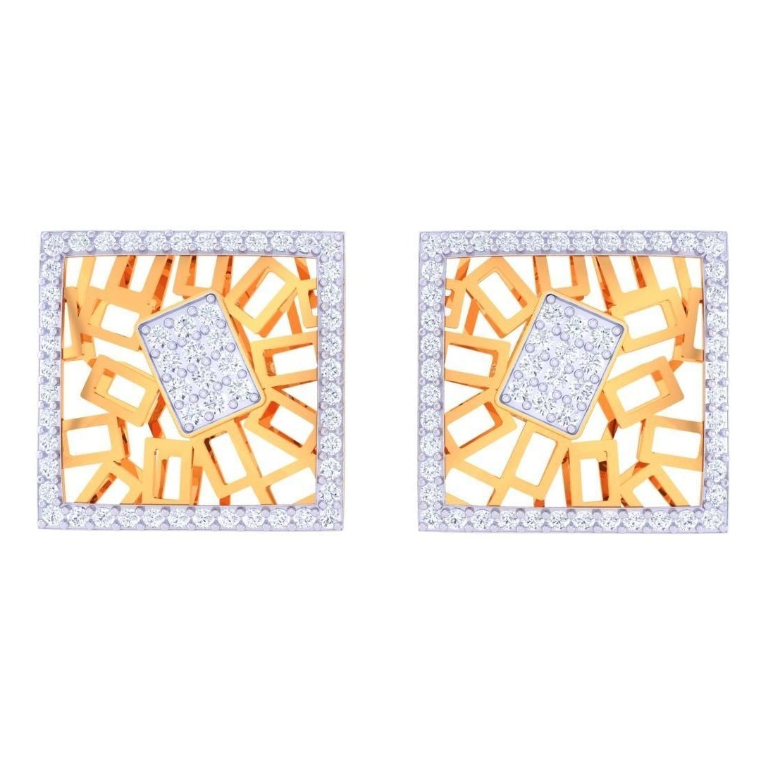 Discover Niraas Emery Diamond Earring: elegant square-shaped gold earrings featuring intricate geometric cut-out designs. A central square is adorned with small diamonds, bordered by larger ones for ultimate sparkle. Certified authentic, these modern pieces exude stylish sophistication.