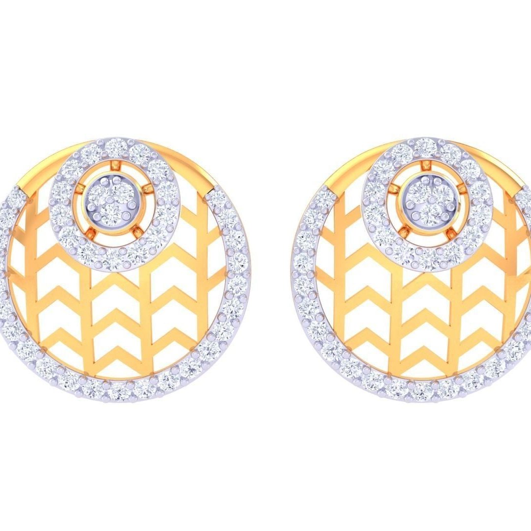 Presenting the Sadie Diamond Earring by Niraa, a luxurious gold and diamond accessory. These exquisite round earrings feature a chevron pattern with two concentric circles, each decorated with small sparkling gems.