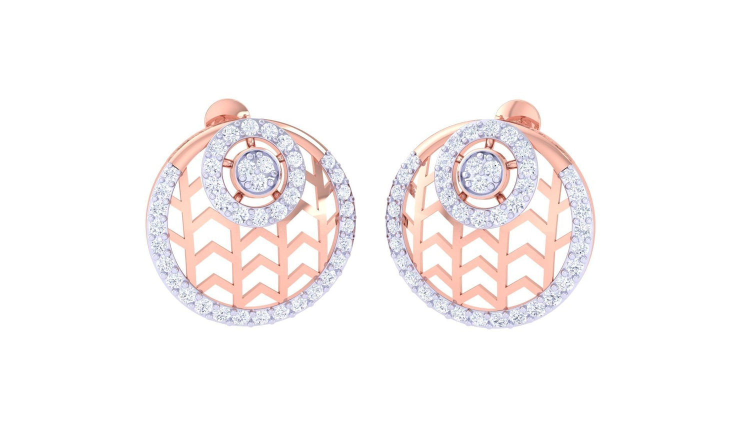 Presenting the Sadie Diamond Earring by Niraa, a luxurious gold and diamond accessory. These exquisite round earrings feature a chevron pattern with two concentric circles, each decorated with small sparkling gems.