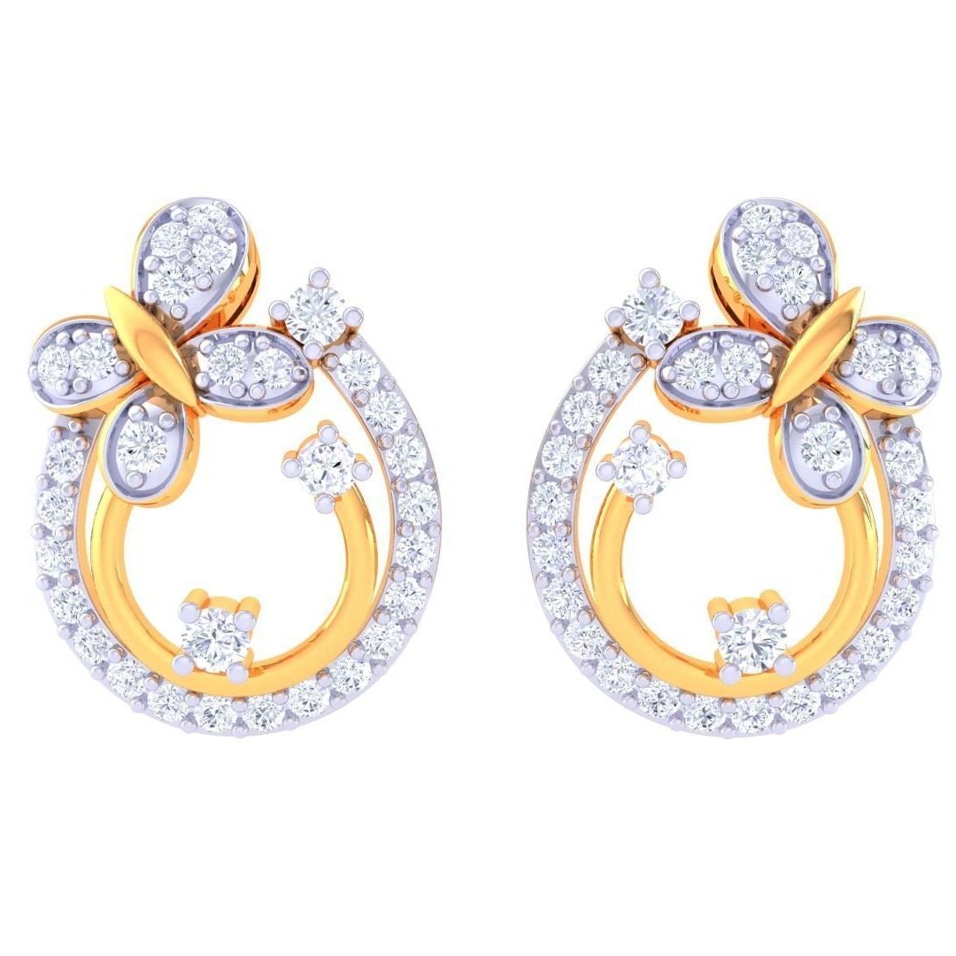 Discover Niraas Julia Diamond Earring: gold and diamond butterfly earrings on a diamond-encrusted circular frame. With intricate details and a stunning gold-silver blend, these earrings include a diamond authenticity certificate.
