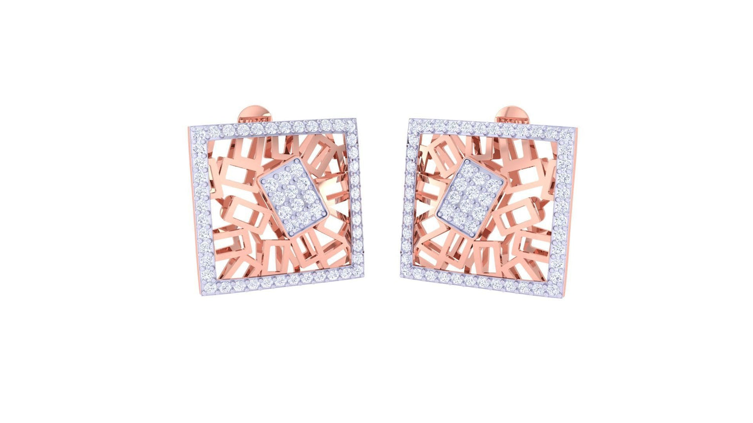Discover Niraas Emery Diamond Earring: elegant square-shaped gold earrings featuring intricate geometric cut-out designs. A central square is adorned with small diamonds, bordered by larger ones for ultimate sparkle. Certified authentic, these modern pieces exude stylish sophistication.
