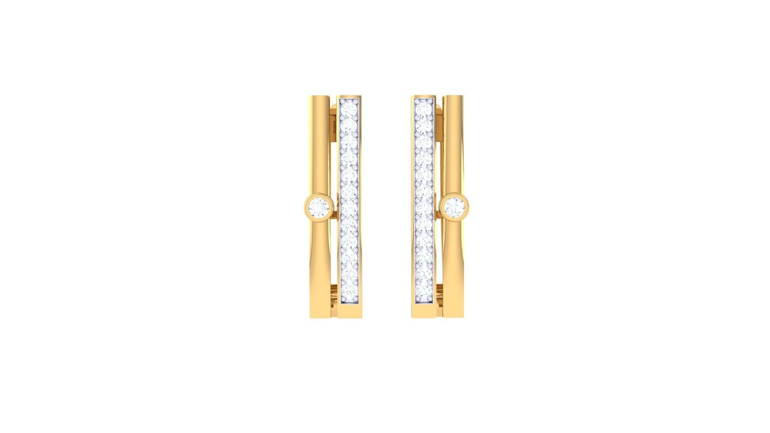 The Taylor Diamond Earring by Niraa is a luxurious accessory, featuring a geometric design with vertical rows of white gemstones and a central round gem. Its modern rectangular shape stands out against a pristine white backdrop.
