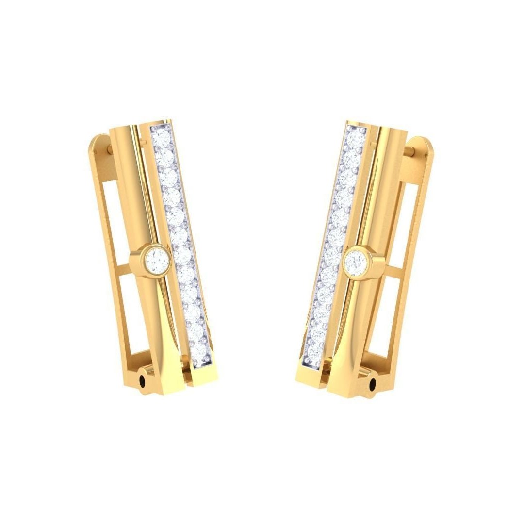 The Taylor Diamond Earring by Niraa is a luxurious accessory, featuring a geometric design with vertical rows of white gemstones and a central round gem. Its modern rectangular shape stands out against a pristine white backdrop.