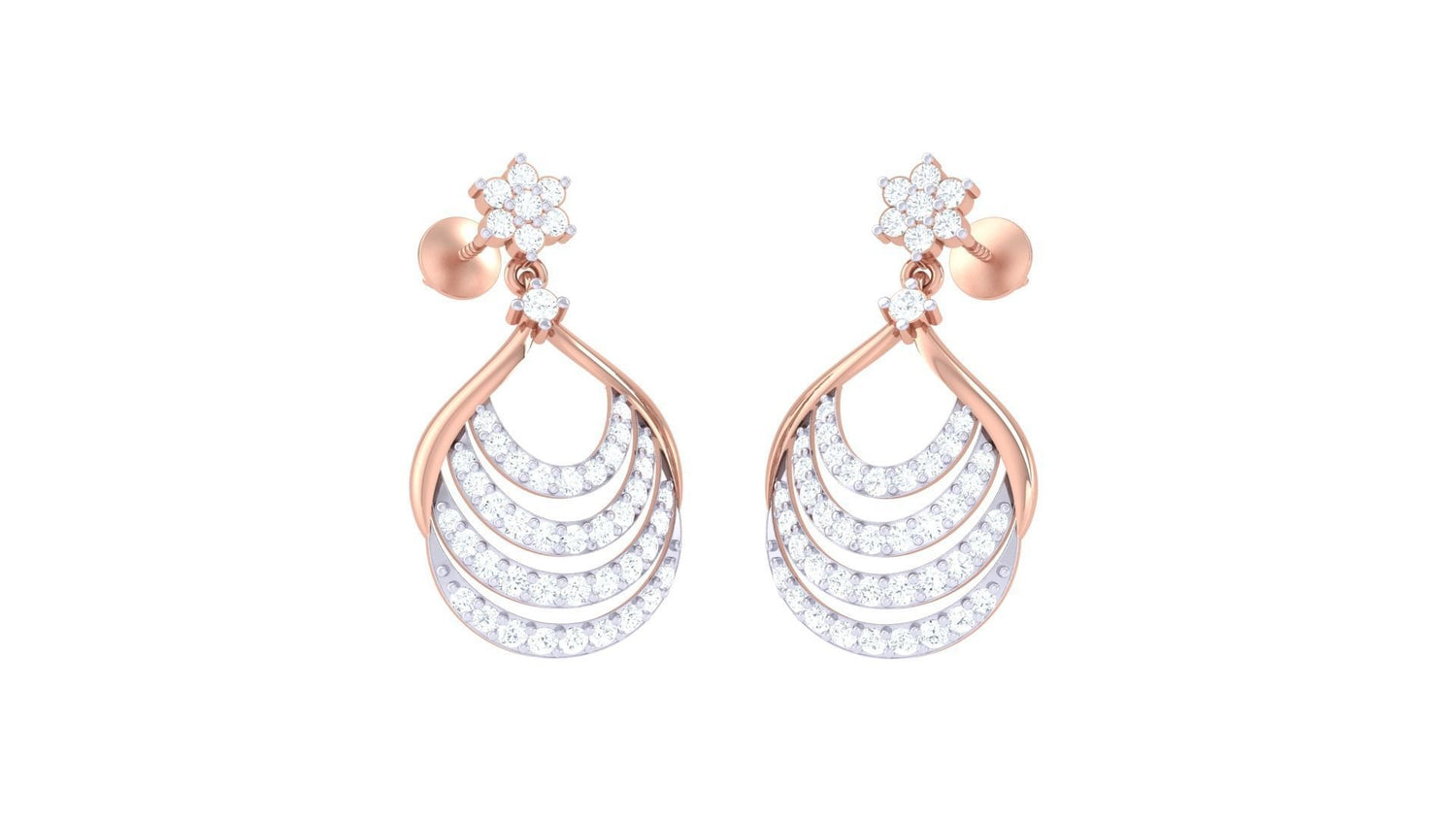 The Niraa Ximena Diamond Earring features floral stud gold and diamond earrings, with teardrop shapes adorned by three curved diamond rows. Each luxurious piece includes a diamond certificate, ensuring its exquisite quality and craftsmanship.