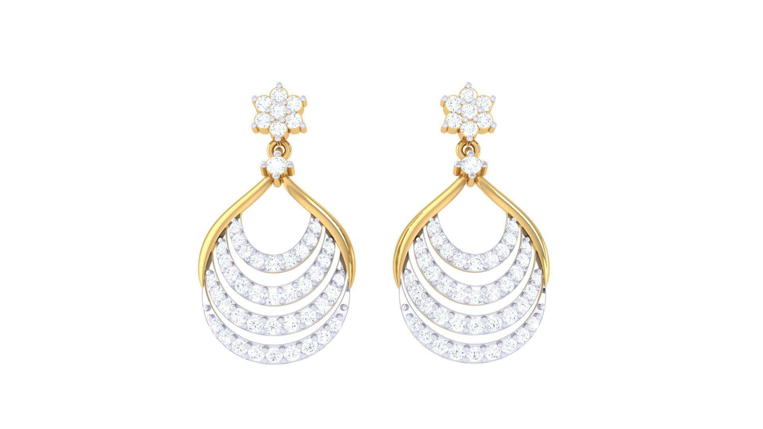 The Niraa Ximena Diamond Earring features floral stud gold and diamond earrings, with teardrop shapes adorned by three curved diamond rows. Each luxurious piece includes a diamond certificate, ensuring its exquisite quality and craftsmanship.