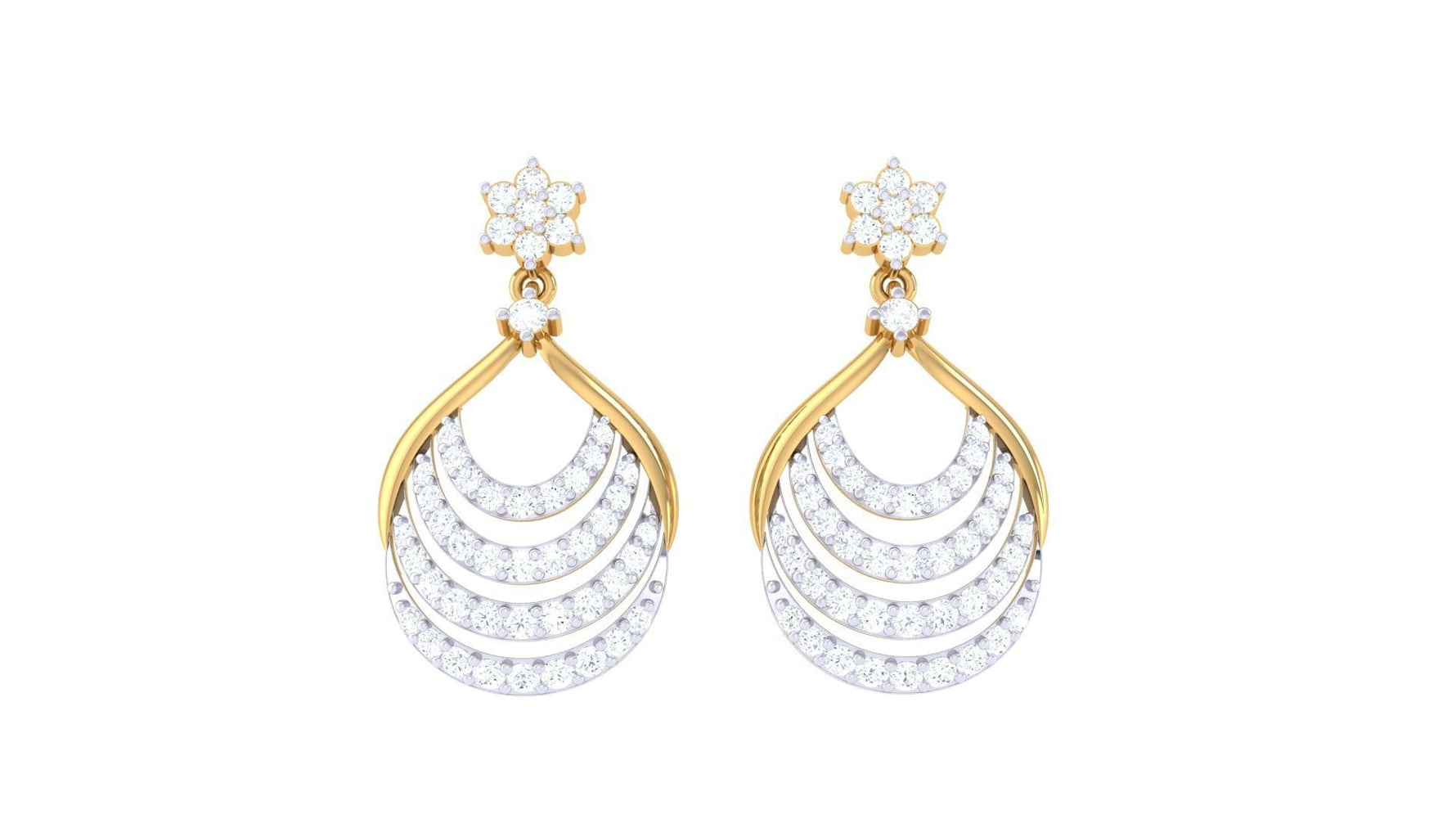 The Niraa Ximena Diamond Earring features floral stud gold and diamond earrings, with teardrop shapes adorned by three curved diamond rows. Each luxurious piece includes a diamond certificate, ensuring its exquisite quality and craftsmanship.