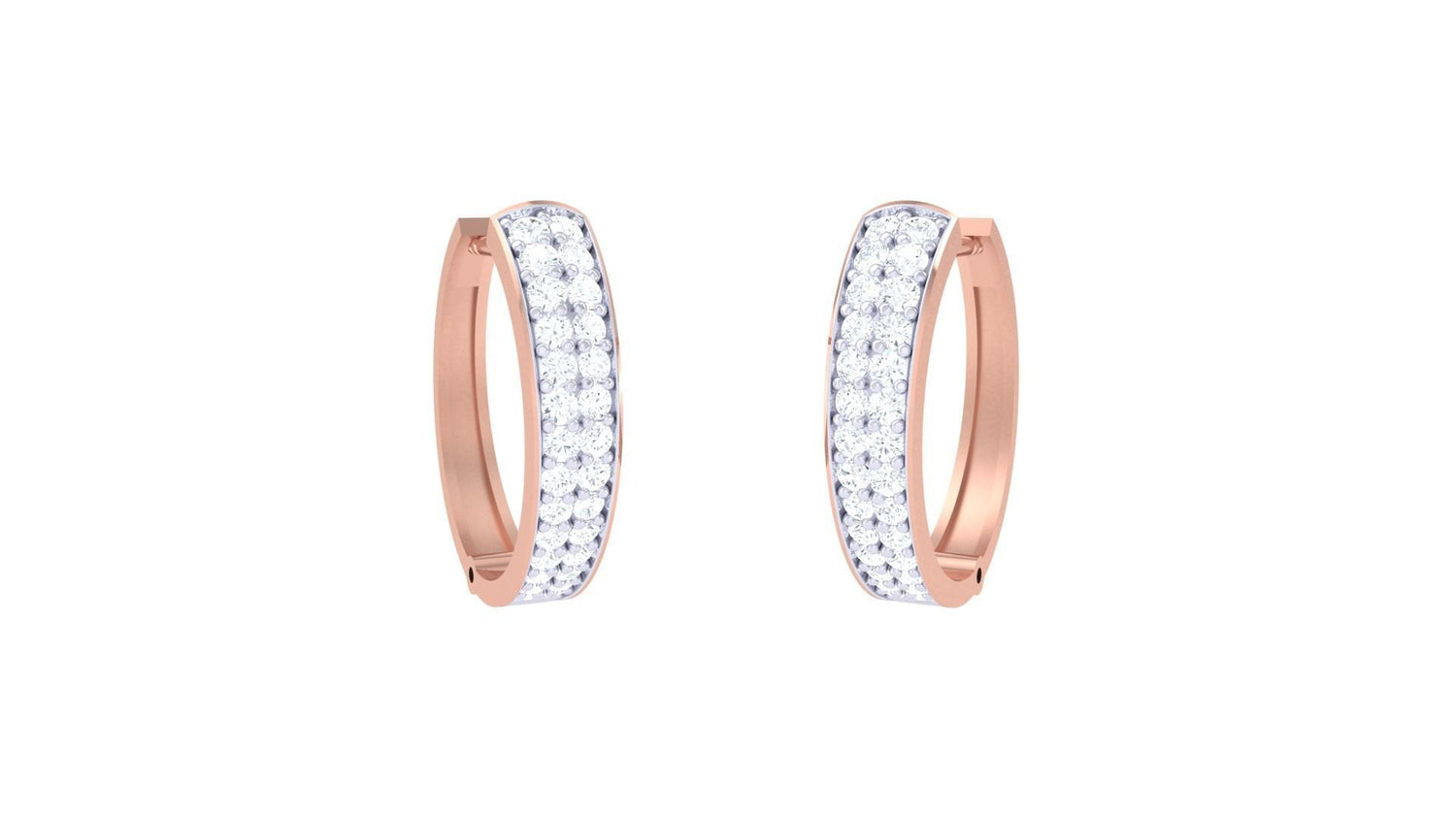 A close-up of Niraas Quinn Diamond Earrings, featuring gold hoops adorned with white stones, set vertically against a plain white backdrop.