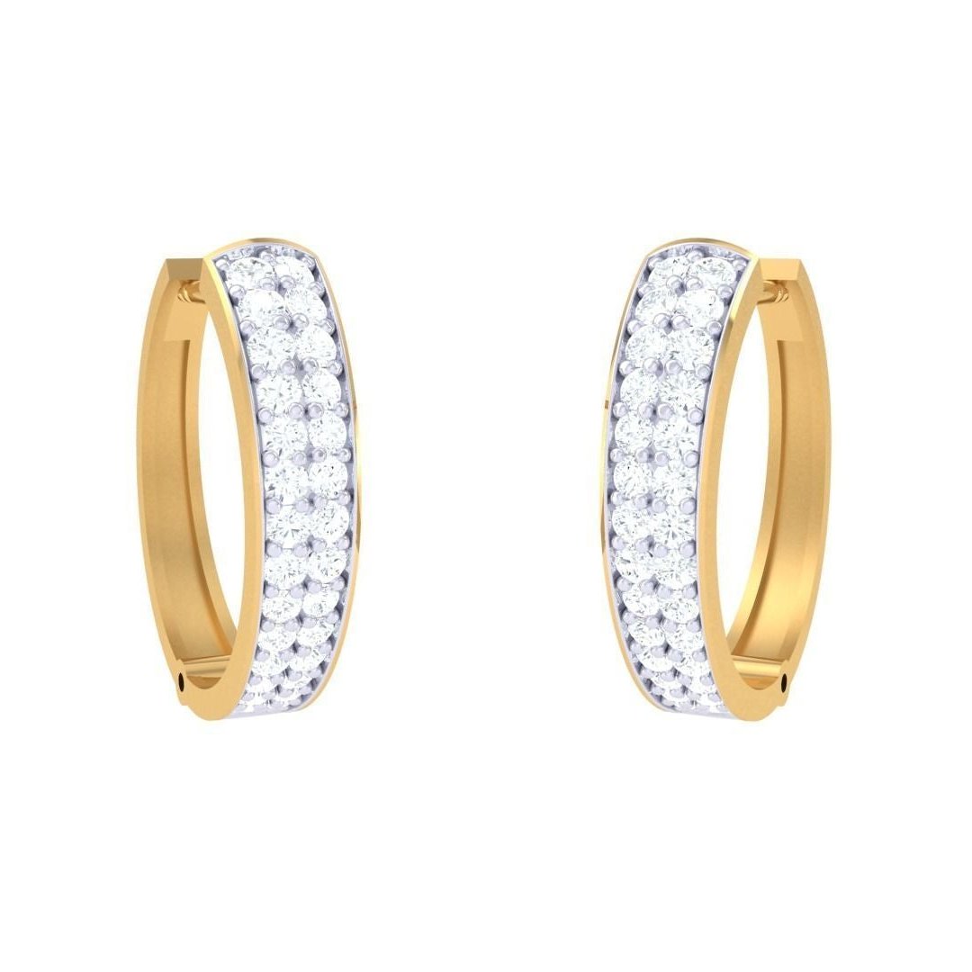 A close-up of Niraas Quinn Diamond Earrings, featuring gold hoops adorned with white stones, set vertically against a plain white backdrop.