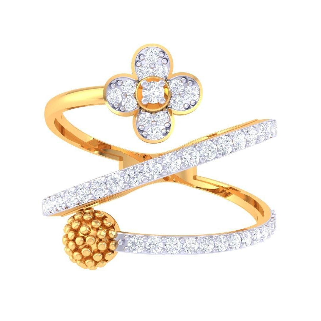 Experience luxury with the Evianna Diamond Ladies Ring by Niraa. This gold ring features a spiral design adorned with diamonds, culminating in an ornate floral pattern and a textured gold sphere that epitomizes elegance through its exquisite blend of gold and diamonds.