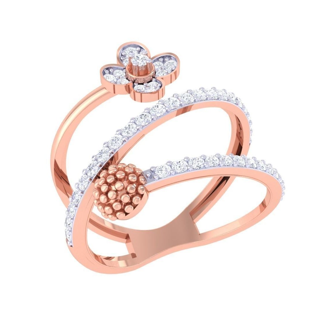 Experience luxury with the Evianna Diamond Ladies Ring by Niraa. This gold ring features a spiral design adorned with diamonds, culminating in an ornate floral pattern and a textured gold sphere that epitomizes elegance through its exquisite blend of gold and diamonds.