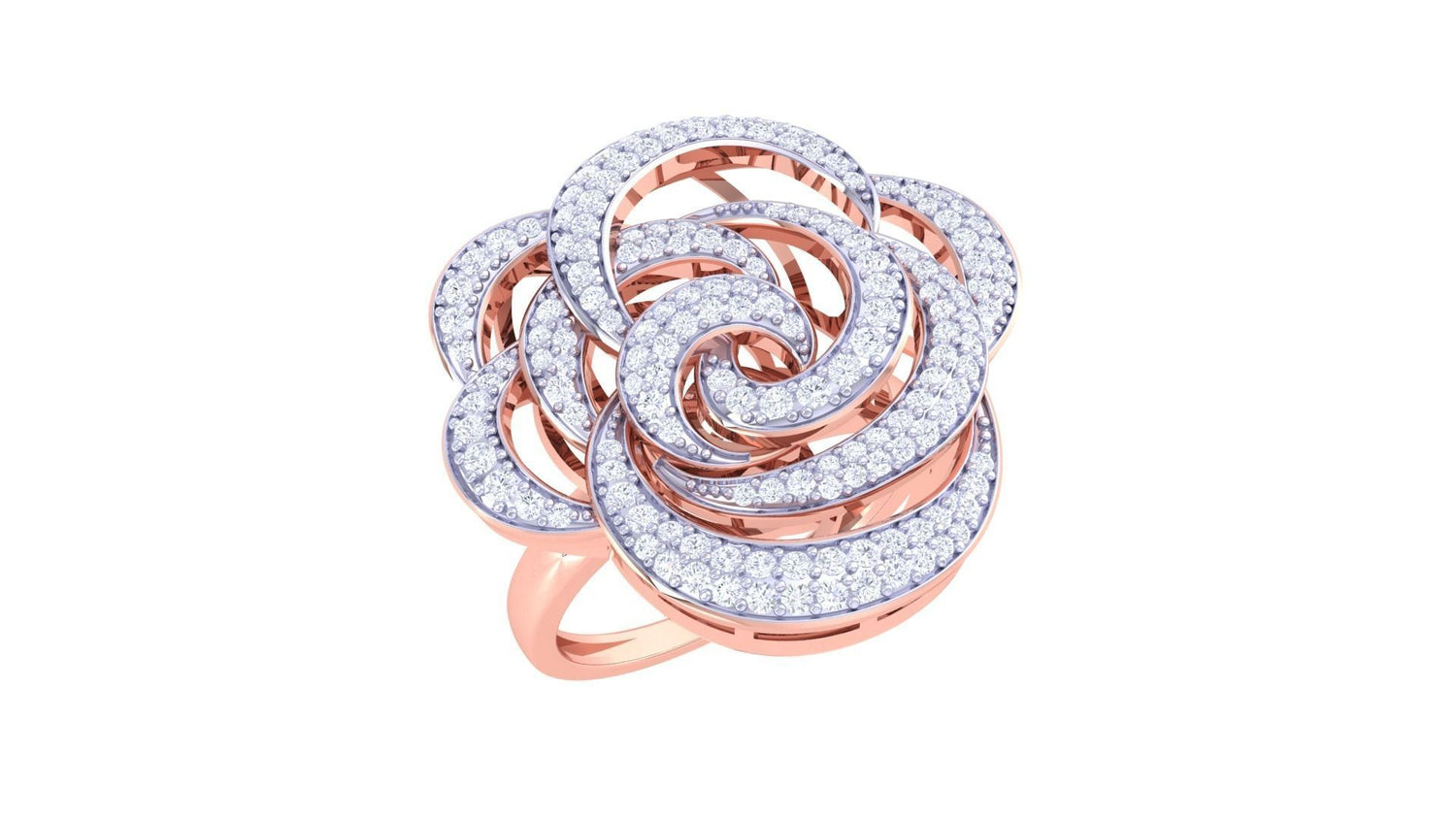 The Eloise Diamond Ladies Ring by Niraa is a luxurious gold piece designed as a blooming rose, adorned with sparkling white diamonds on its petals, epitomizing elegance and refined craftsmanship.