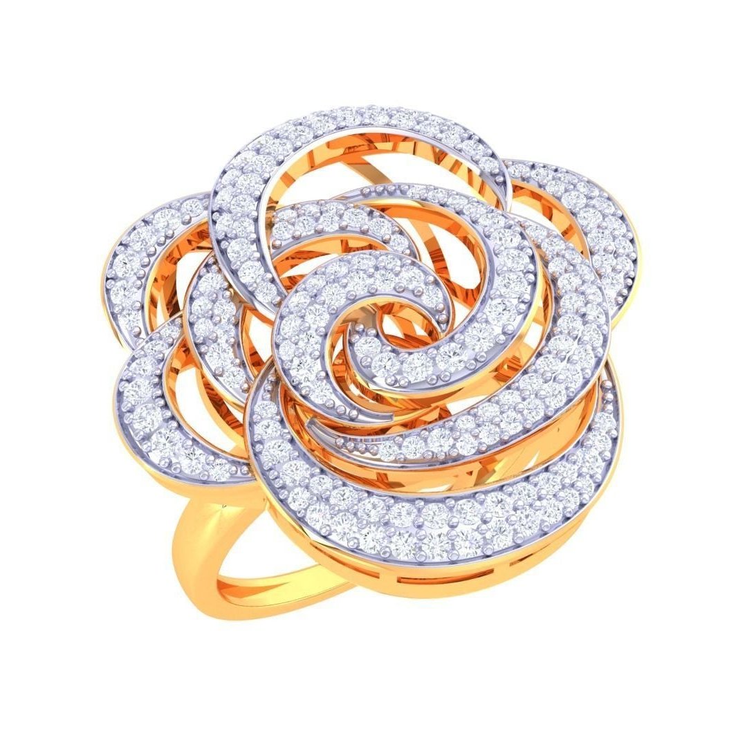 The Eloise Diamond Ladies Ring by Niraa is a luxurious gold piece designed as a blooming rose, adorned with sparkling white diamonds on its petals, epitomizing elegance and refined craftsmanship.