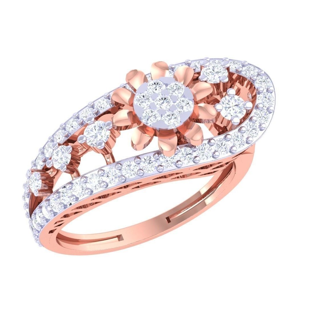 The Celesta Diamond Ladies Ring by Niraa is a luxurious accessory, combining gold and diamonds. It features a central round diamond surrounded by smaller ones in a teardrop-shaped setting with floral accents and a stunning halo of diamonds.