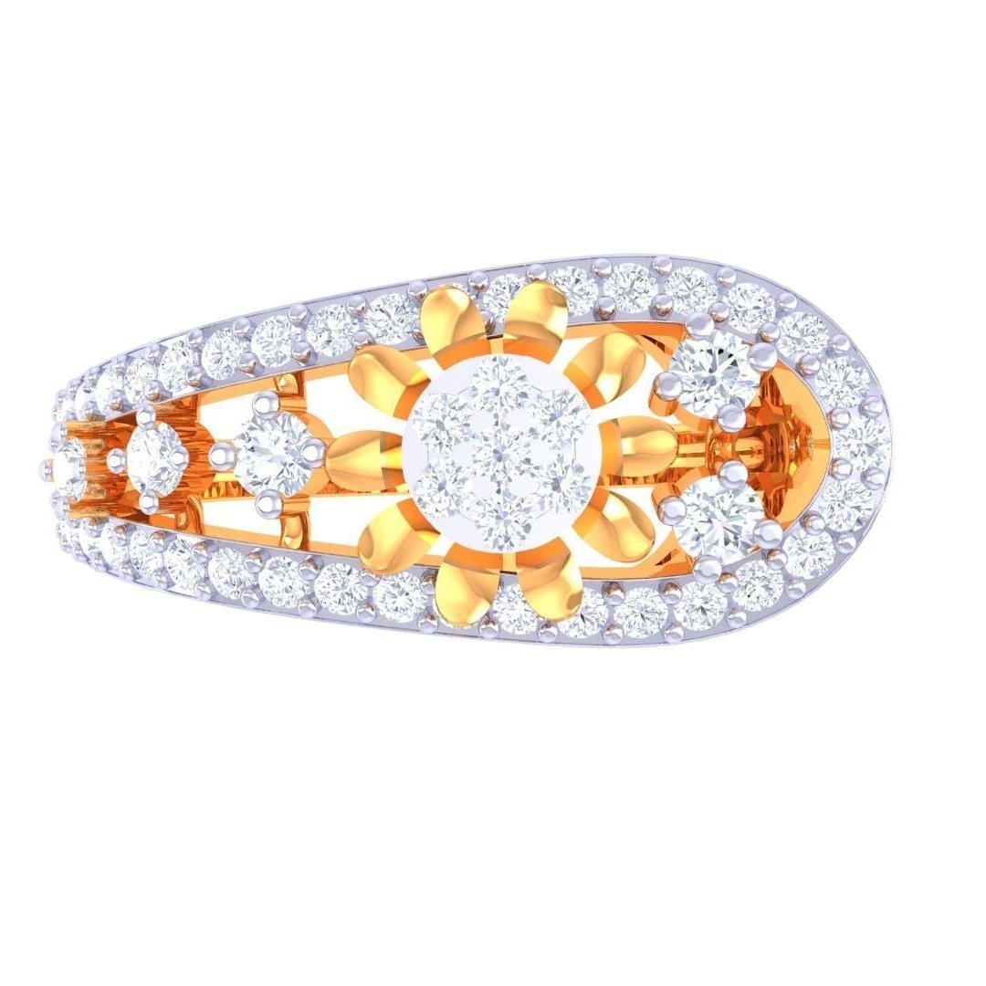 The Celesta Diamond Ladies Ring by Niraa is a luxurious accessory, combining gold and diamonds. It features a central round diamond surrounded by smaller ones in a teardrop-shaped setting with floral accents and a stunning halo of diamonds.