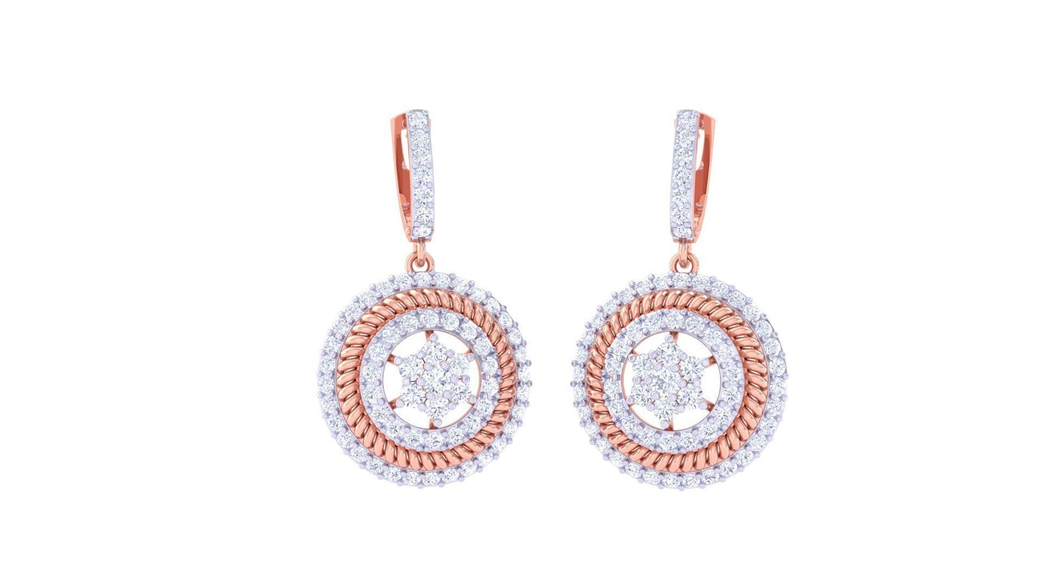 The Jolie Diamond Earring by Niraa features gold and silver hoops with rope-like detailing, sparkling diamond embellishments, a circular design showcasing a center diamond cluster, and hanging from diamond-studded hooks.