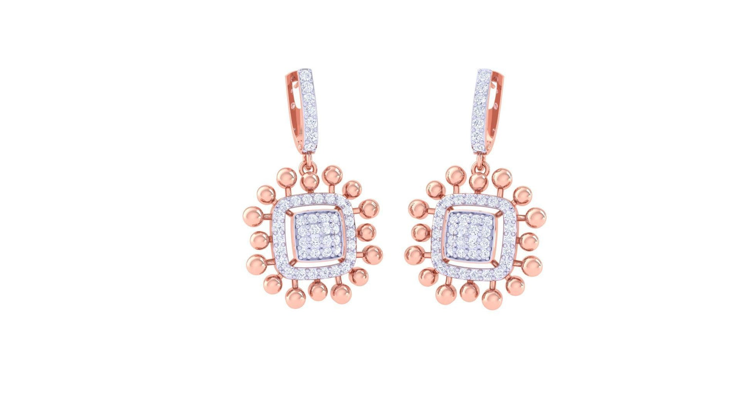 Niraas Henrietta Diamond Earrings showcase a square design with intricate detailing, featuring small diamonds at the center surrounded by gold beads and additional diamonds, complete with a metallic hook for attachment.