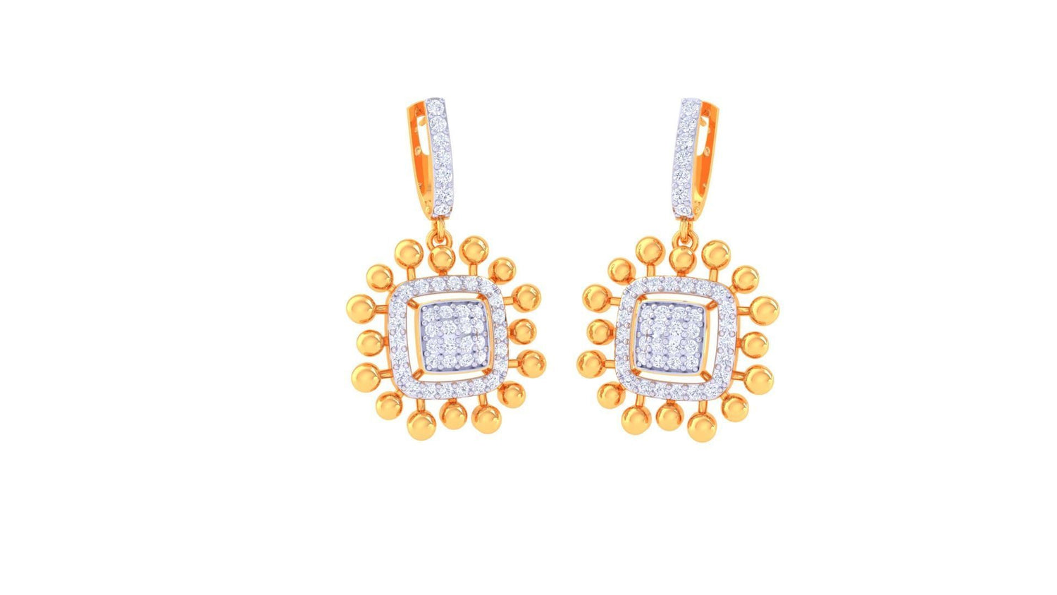 Niraas Henrietta Diamond Earrings showcase a square design with intricate detailing, featuring small diamonds at the center surrounded by gold beads and additional diamonds, complete with a metallic hook for attachment.