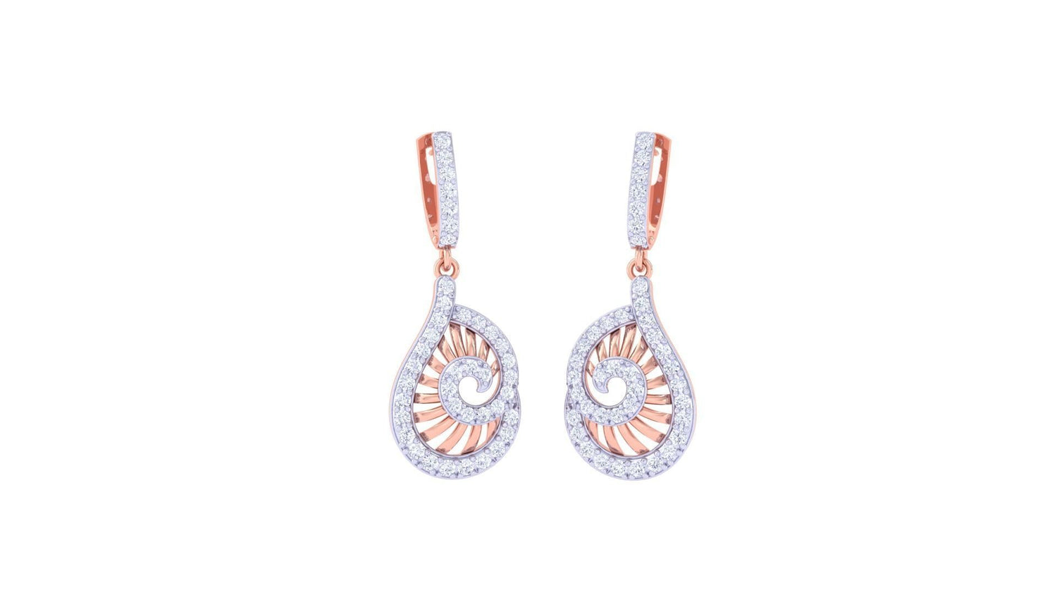 Niraas Eliana Diamond Earring collection offers gold and silver teardrop earrings featuring sparkling stones and intricate spiral designs, elegantly dangling from stone-studded hooks, embodying timeless sophistication.