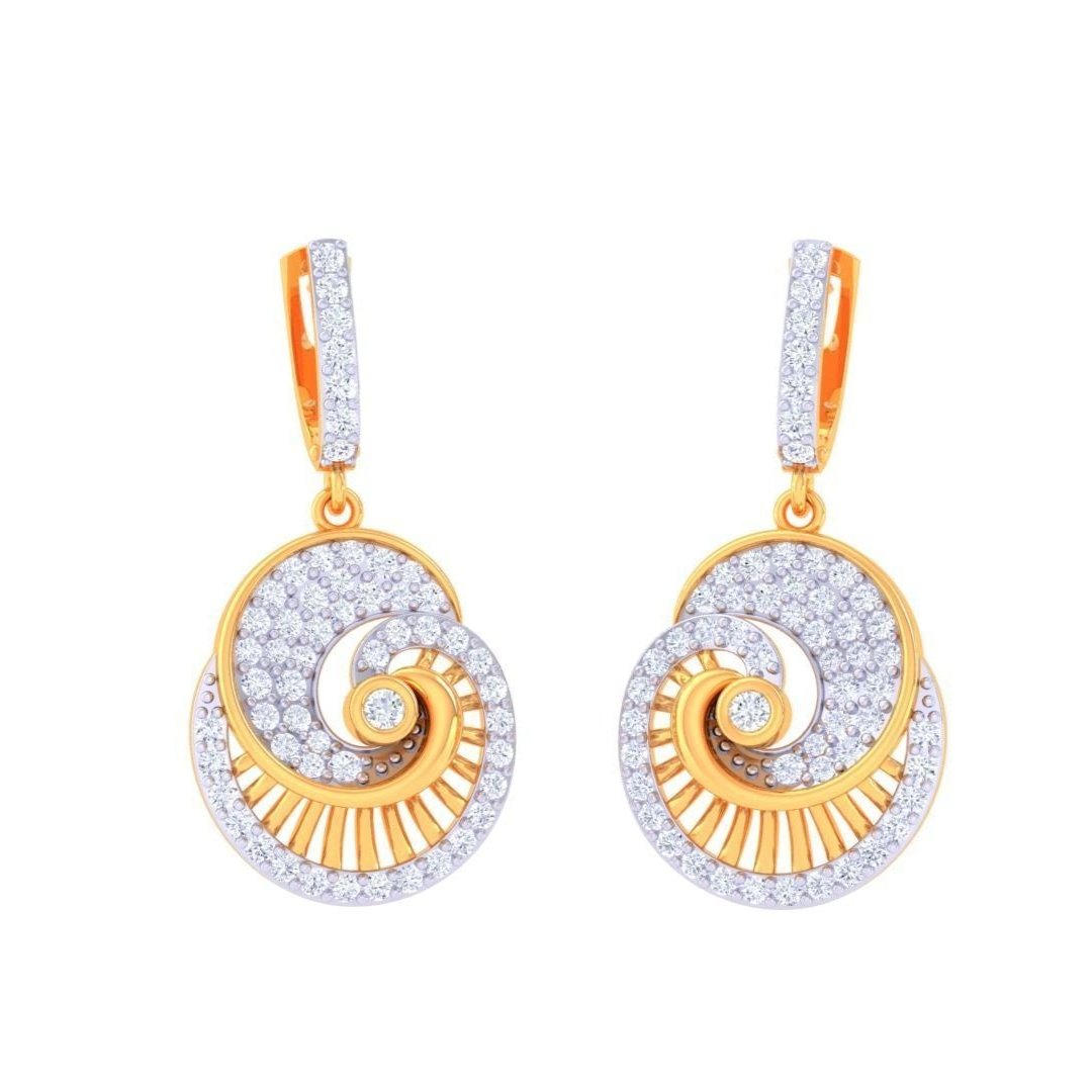 The Gwendolyn Diamond Earrings by Niraa showcase an intricate spiral design adorned with sparkling diamonds set in a lustrous gold framework, making them the perfect luxurious accessory for any elegant event.