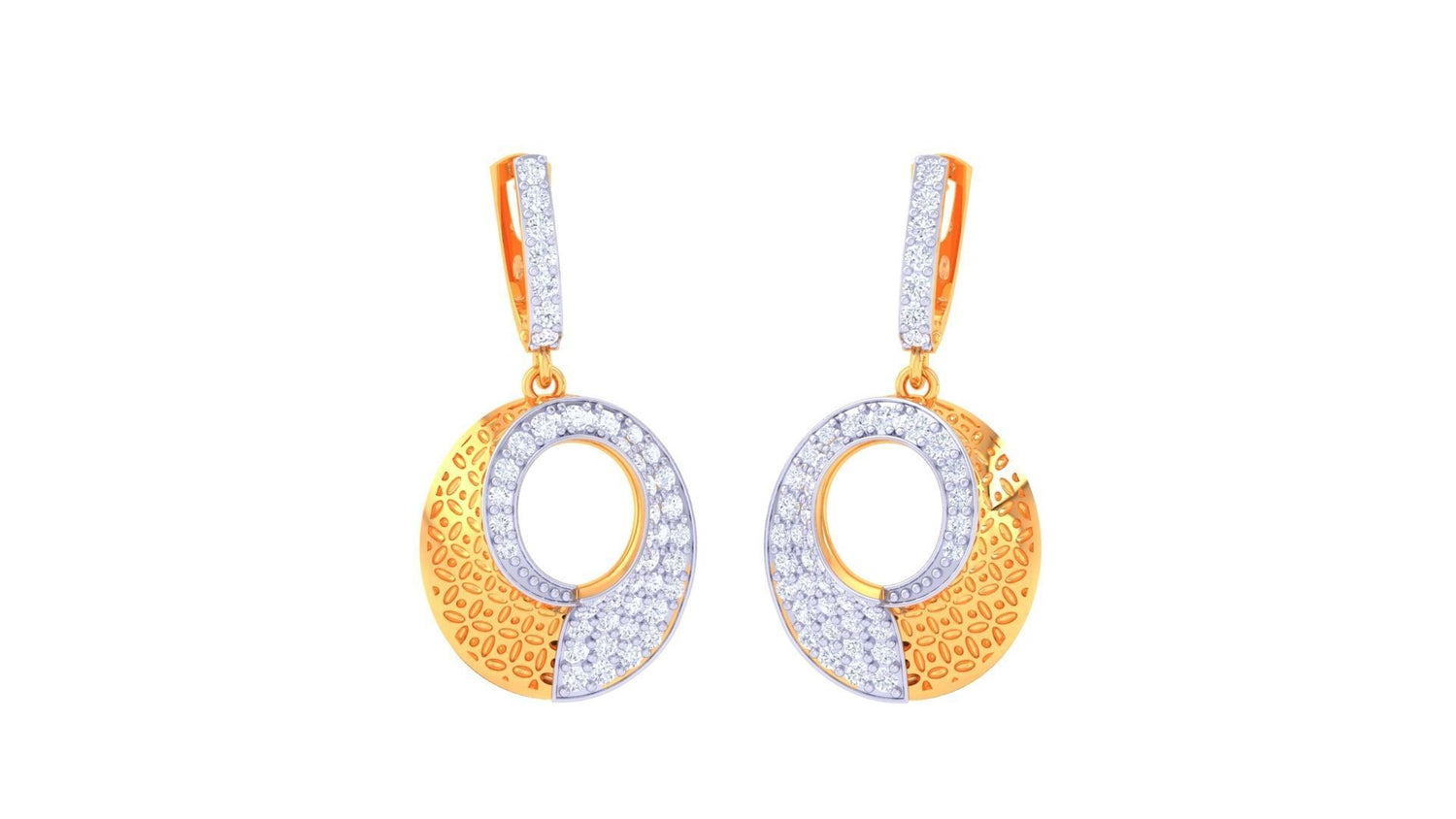 The Hermione Diamond Earrings by Niraa are elegant dangle earrings with a gold and silver palette, featuring an oval shape, sparkling embedded stones, textured design, and unique cut-out patterns for a sophisticated and stylish look.