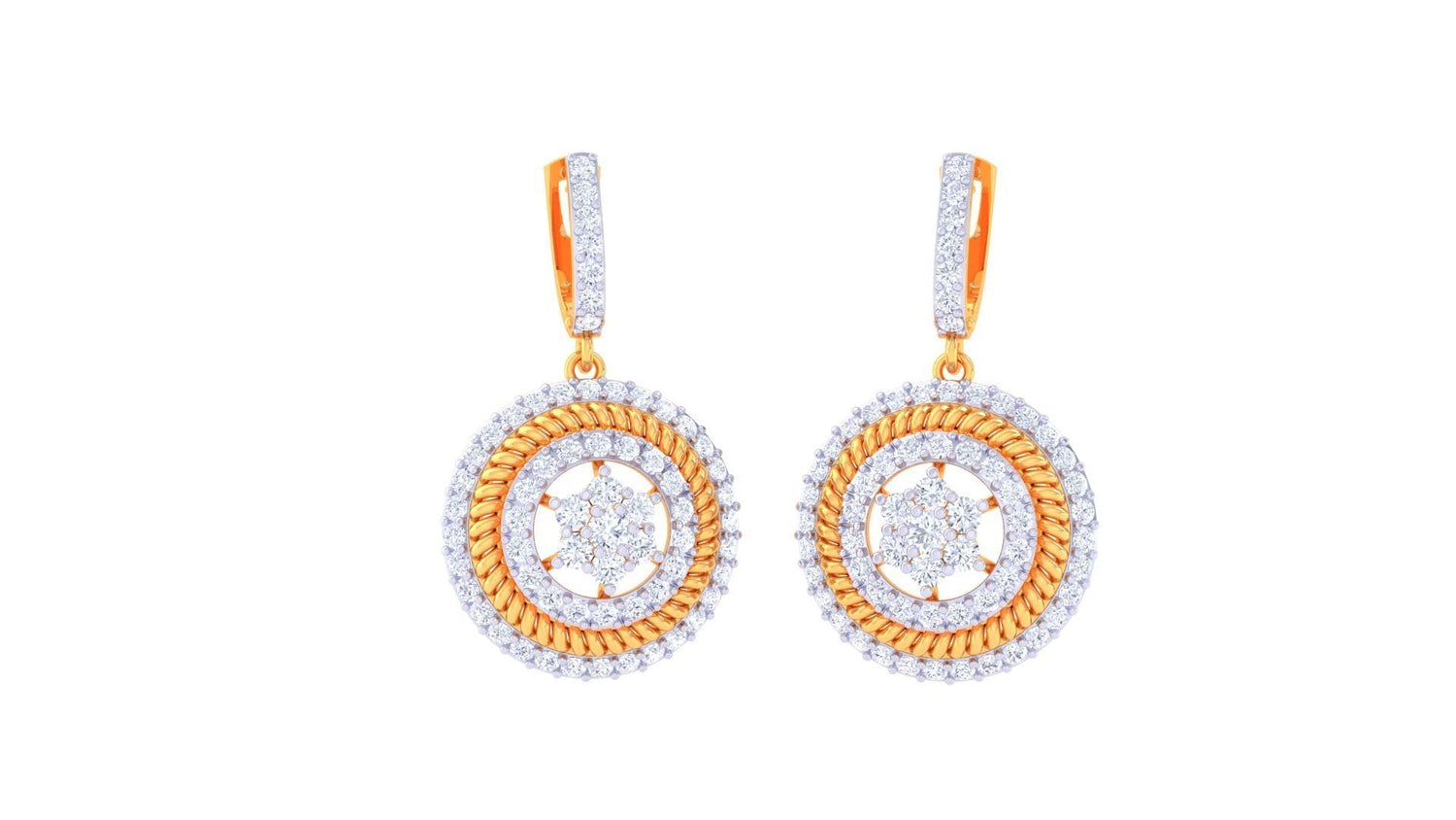 The Jolie Diamond Earring by Niraa features gold and silver hoops with rope-like detailing, sparkling diamond embellishments, a circular design showcasing a center diamond cluster, and hanging from diamond-studded hooks.