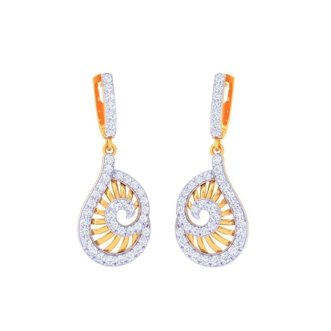 Niraas Eliana Diamond Earring collection offers gold and silver teardrop earrings featuring sparkling stones and intricate spiral designs, elegantly dangling from stone-studded hooks, embodying timeless sophistication.