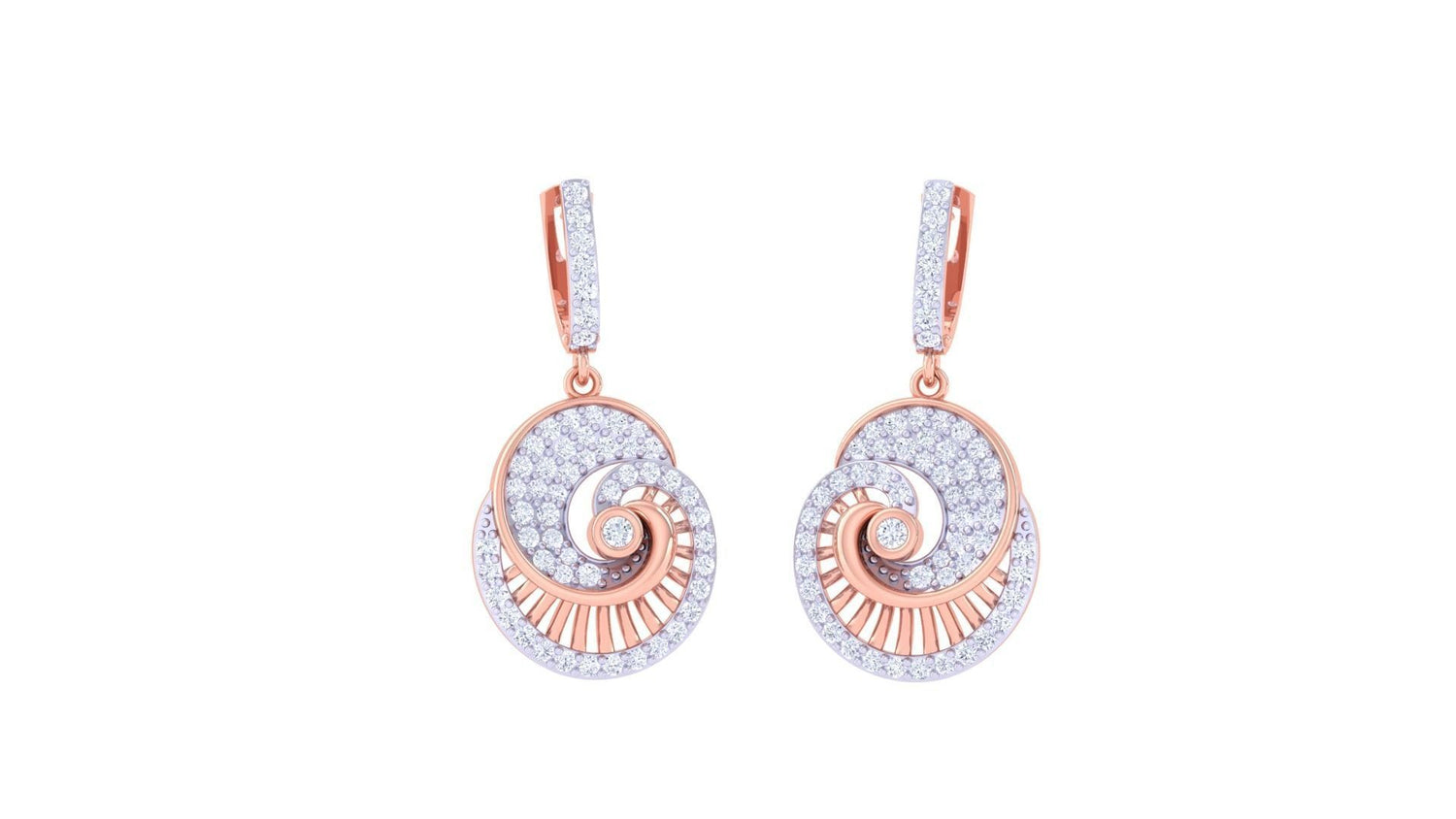 The Gwendolyn Diamond Earrings by Niraa showcase an intricate spiral design adorned with sparkling diamonds set in a lustrous gold framework, making them the perfect luxurious accessory for any elegant event.