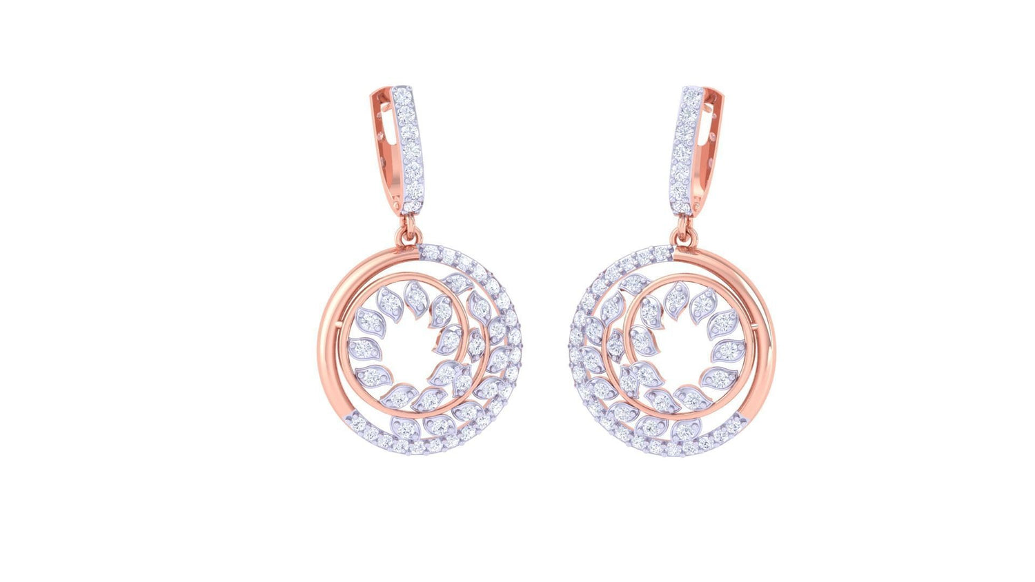 The Adeline Diamond Earring by Niraa features a gold and diamond design with circular motifs and leaf-like patterns, delivering an elegant sparkle with its intricate craftsmanship.