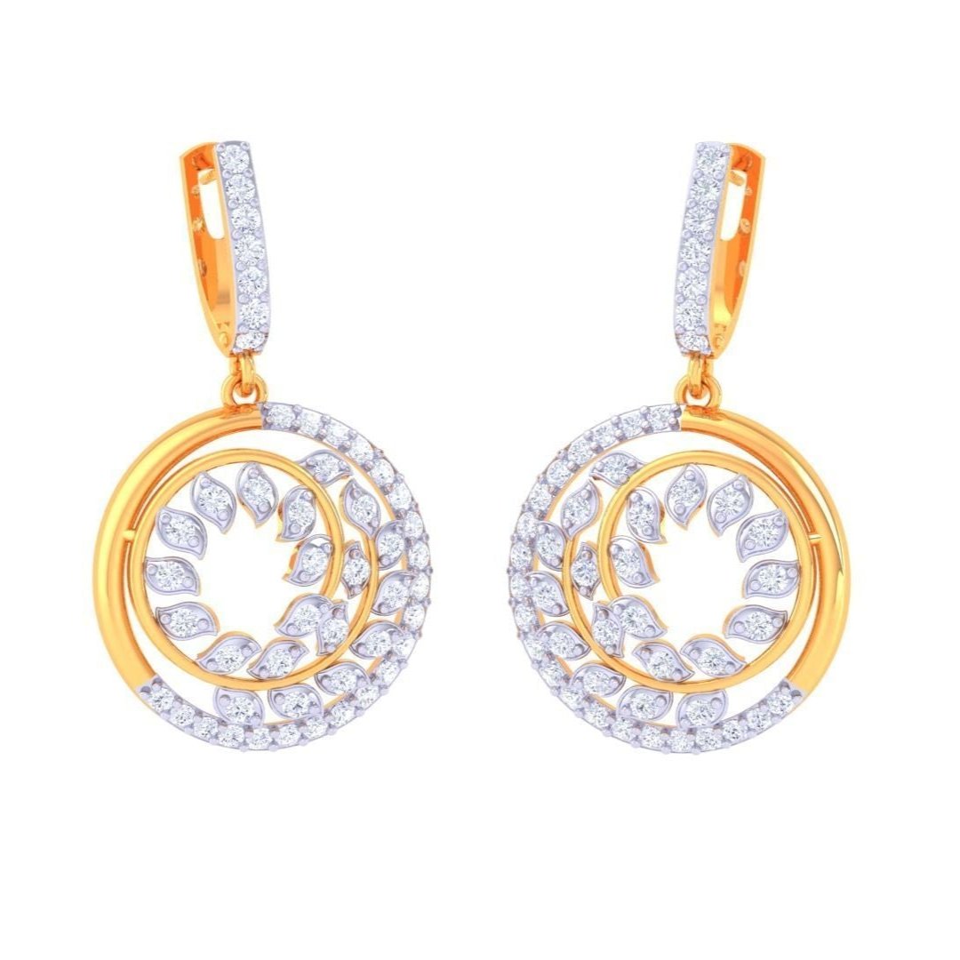 The Adeline Diamond Earring by Niraa features a gold and diamond design with circular motifs and leaf-like patterns, delivering an elegant sparkle with its intricate craftsmanship.