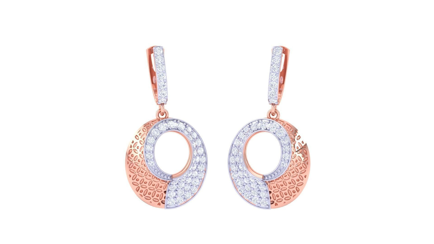 The Hermione Diamond Earrings by Niraa are elegant dangle earrings with a gold and silver palette, featuring an oval shape, sparkling embedded stones, textured design, and unique cut-out patterns for a sophisticated and stylish look.