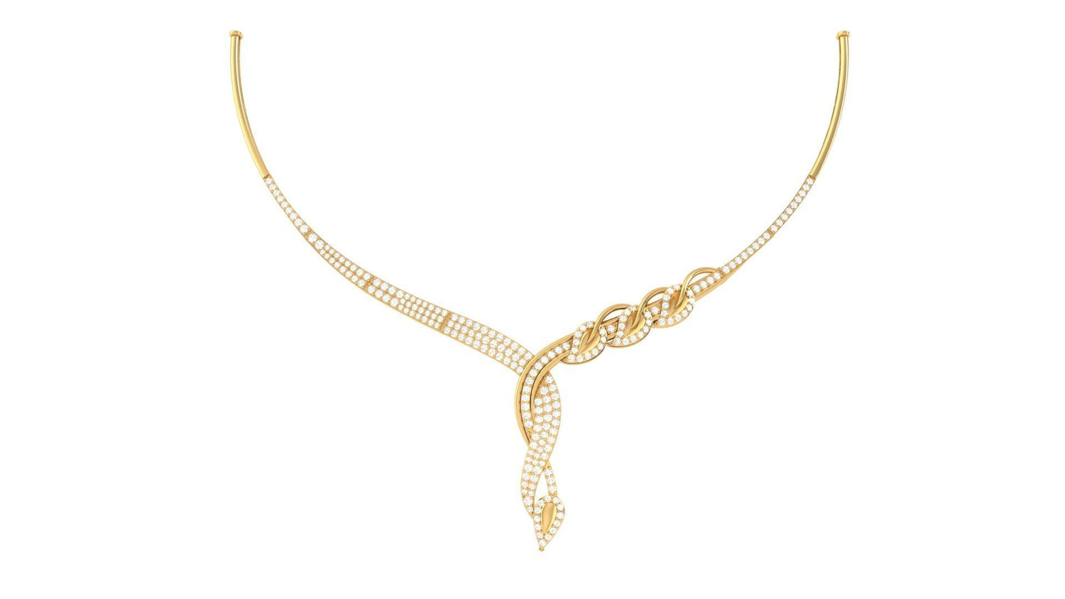The Joelle Diamond Necklace by Niraa features a sophisticated design with a looped, knot-like motif on one side and a smooth gold curve on the other, adorned with numerous small sparkling gems—ideal for those seeking understated elegance.