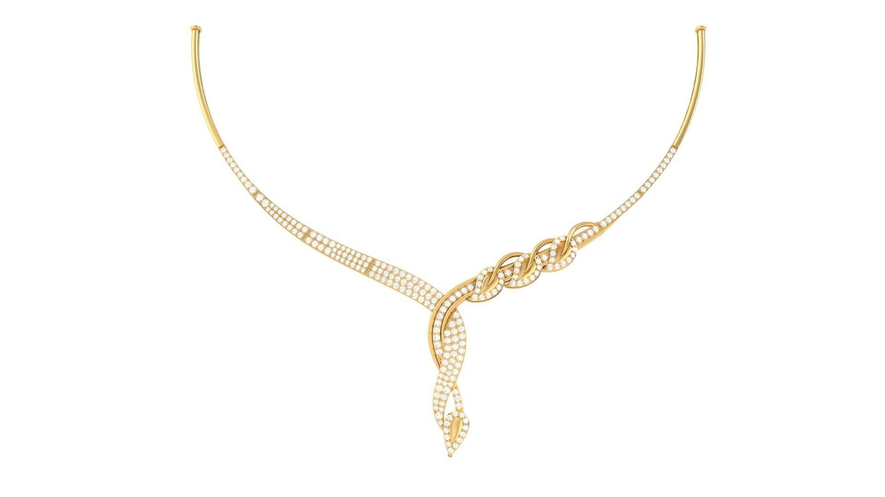 The Joelle Diamond Necklace by Niraa features a sophisticated design with a looped, knot-like motif on one side and a smooth gold curve on the other, adorned with numerous small sparkling gems—ideal for those seeking understated elegance.
